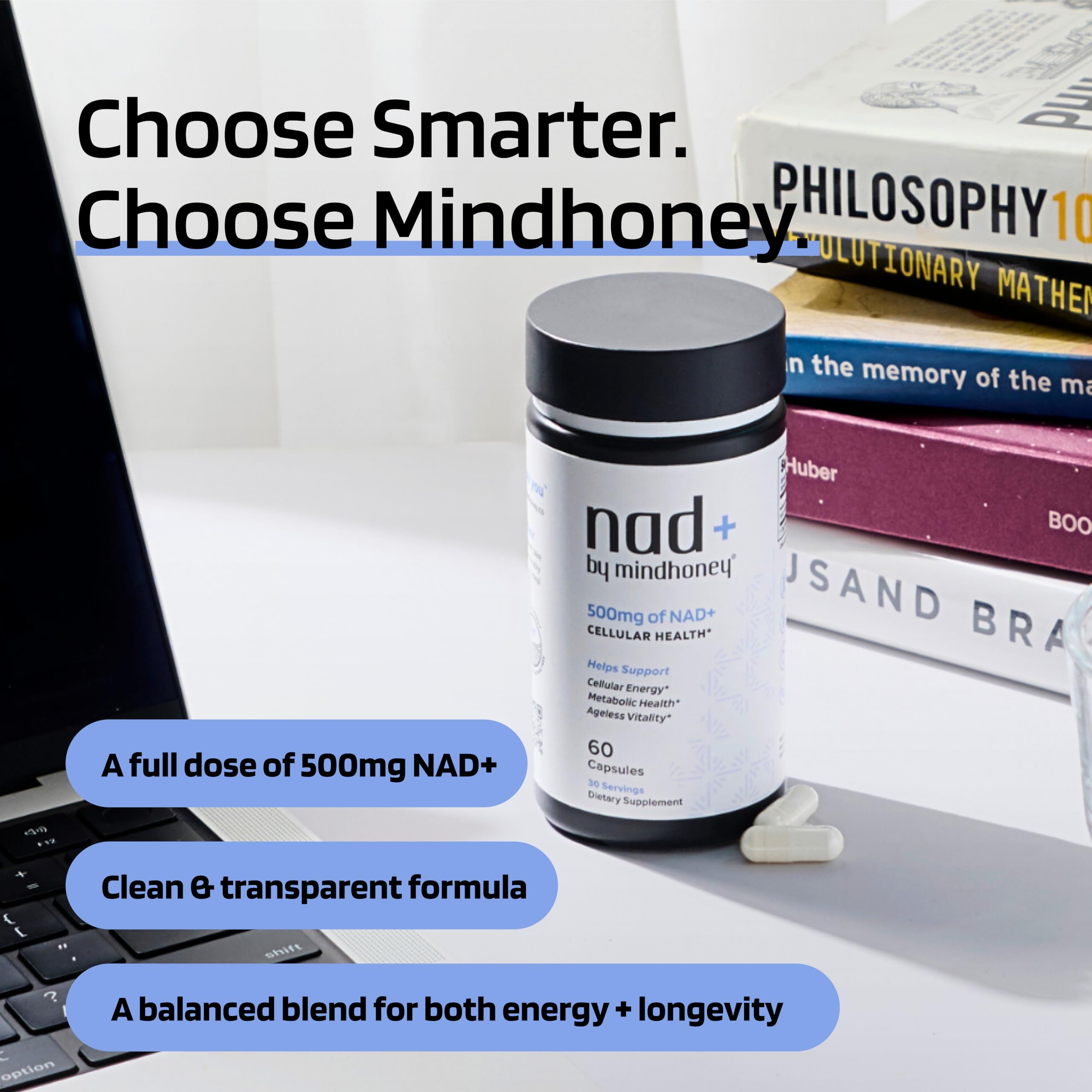 MINDHONEY NAD+ 500mg capsules with dosage information