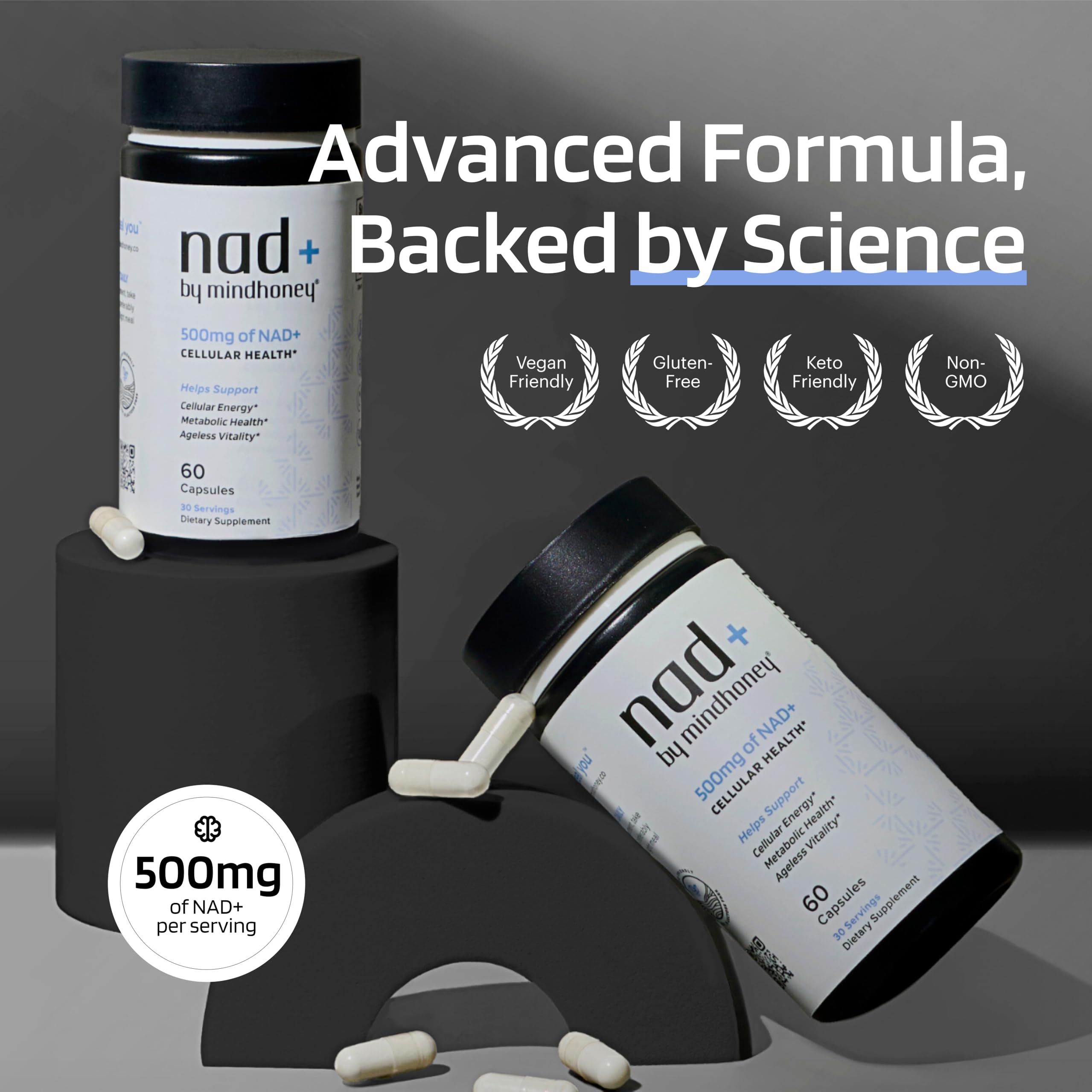 MINDHONEY NAD+ supplement bottle side view