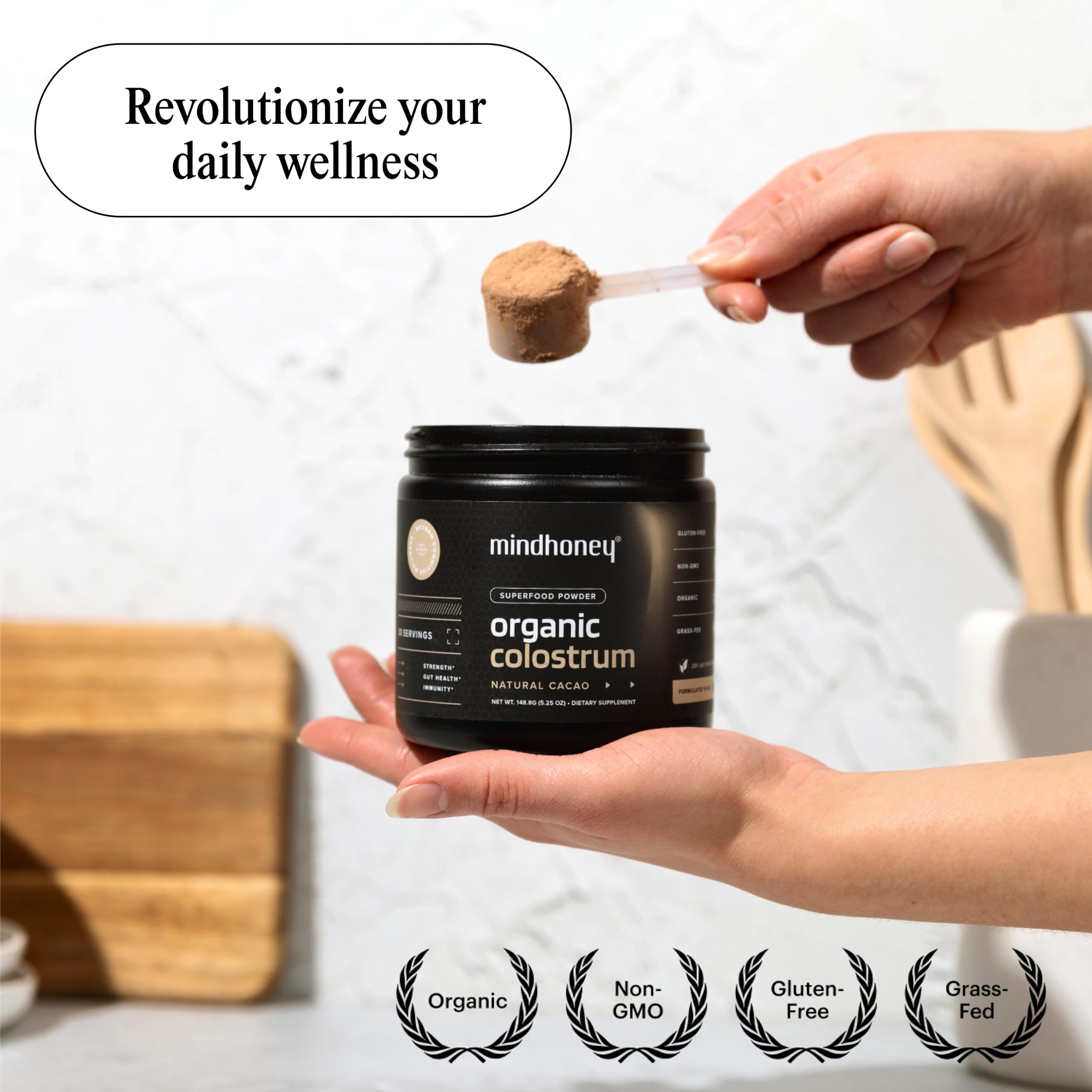 MINDHONEY Organic Colostrum Chocolate Powder back view