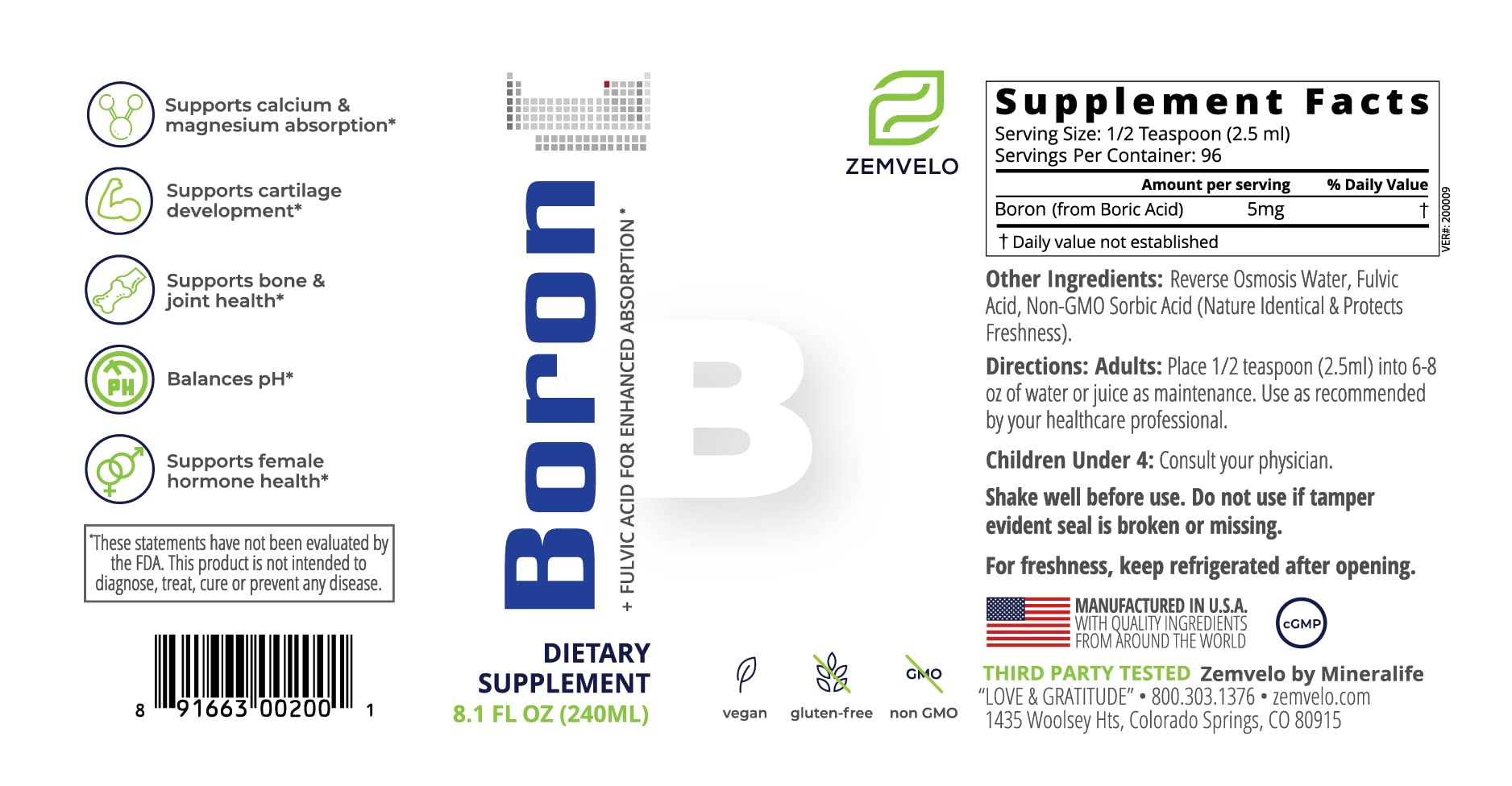 Mineralife Zemvelo Boron Liquid 227g side view