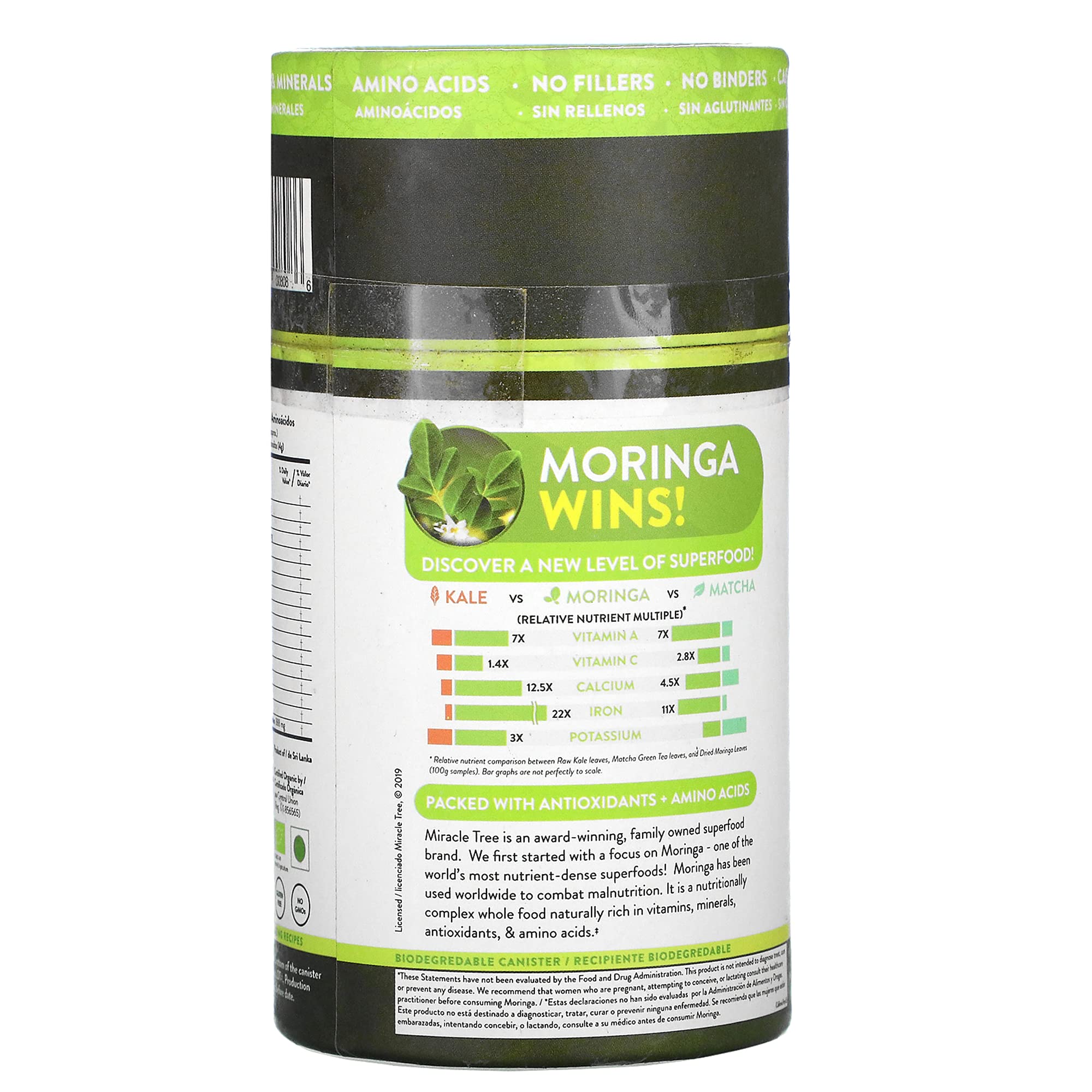Miracle Tree Moringa Powder packaging side view