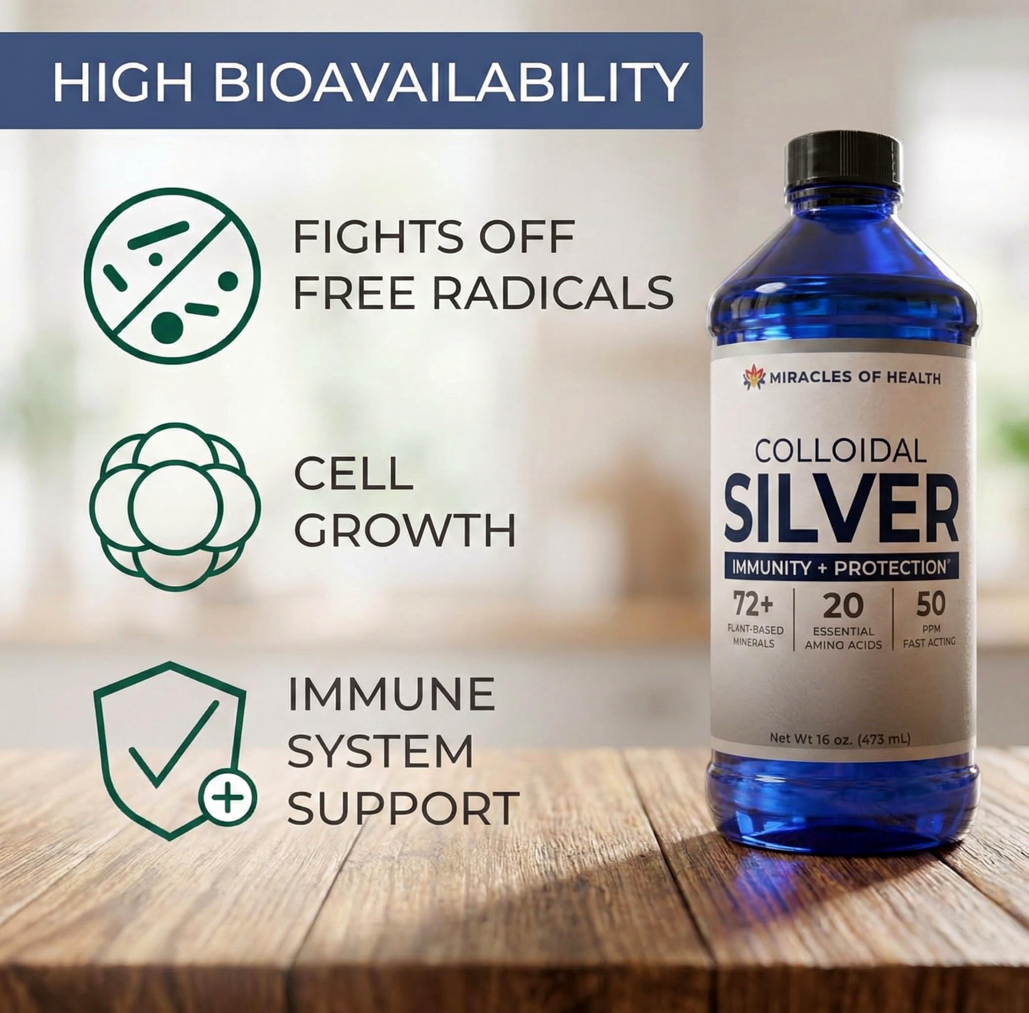 Miracles of Health Liquid Colloidal Silver 50 PPM bottle side view