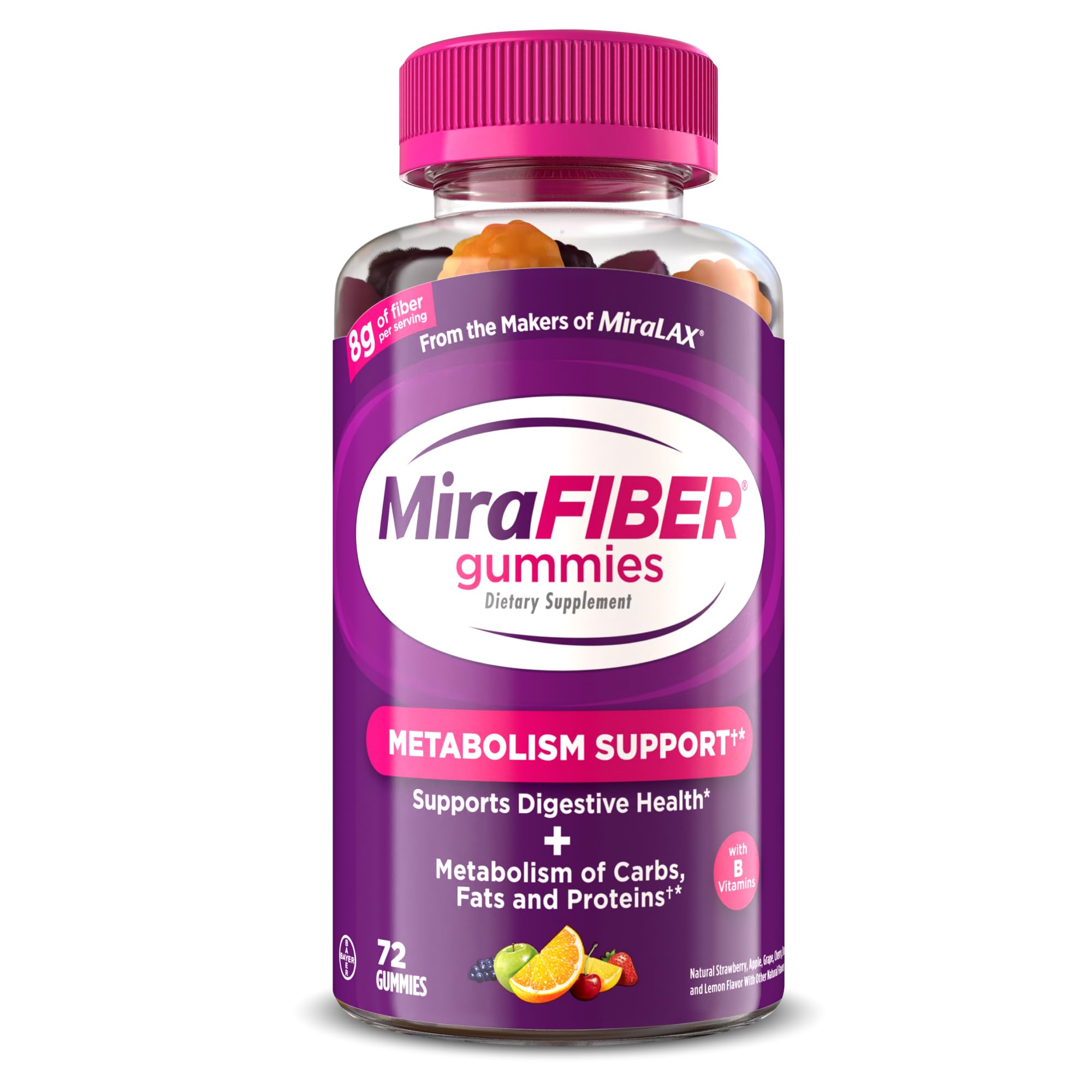 MiraLAX MiraFIBER Gummies front view with assorted fruit flavours