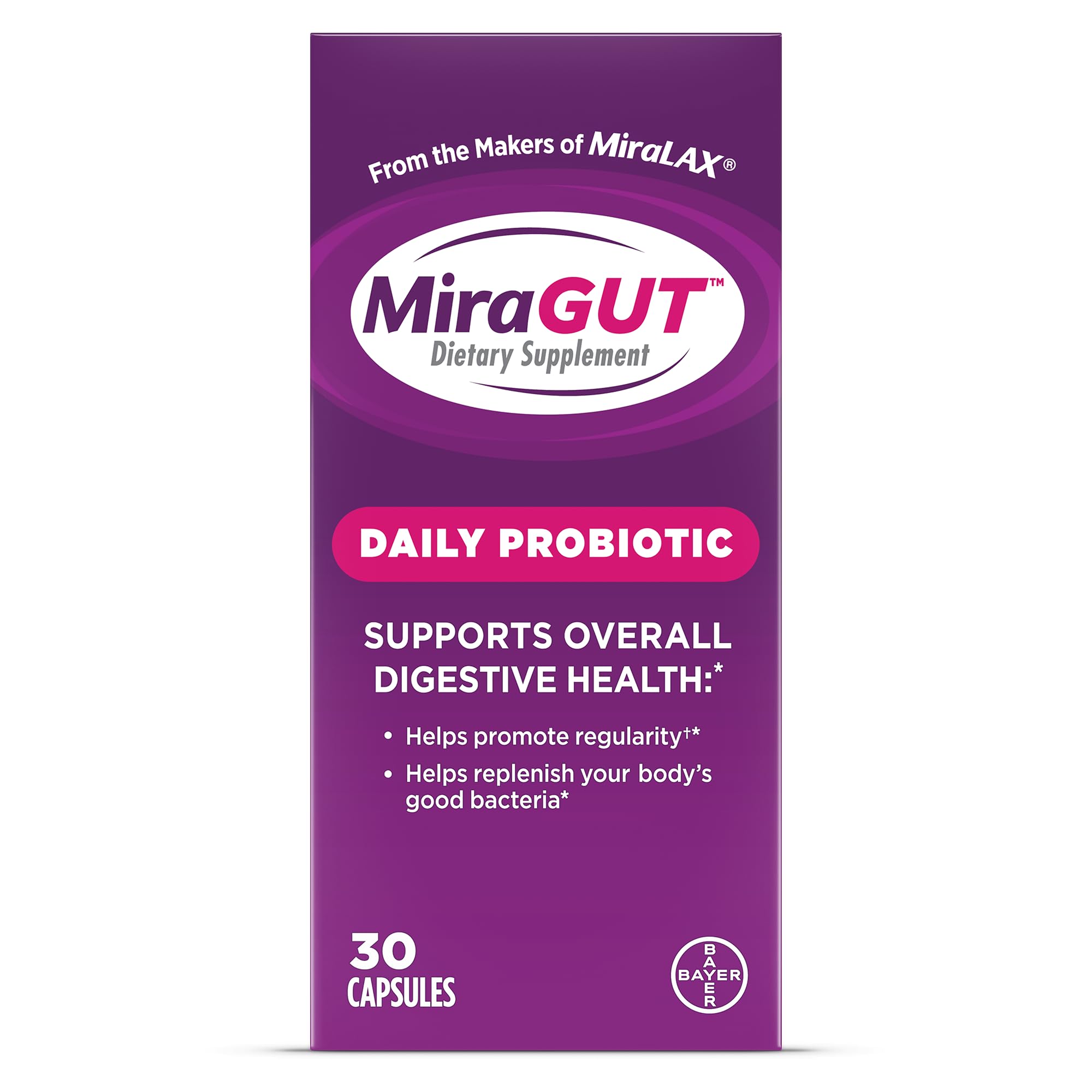 MiraLAX MiraGUT Daily Probiotic Supplement bottle front view