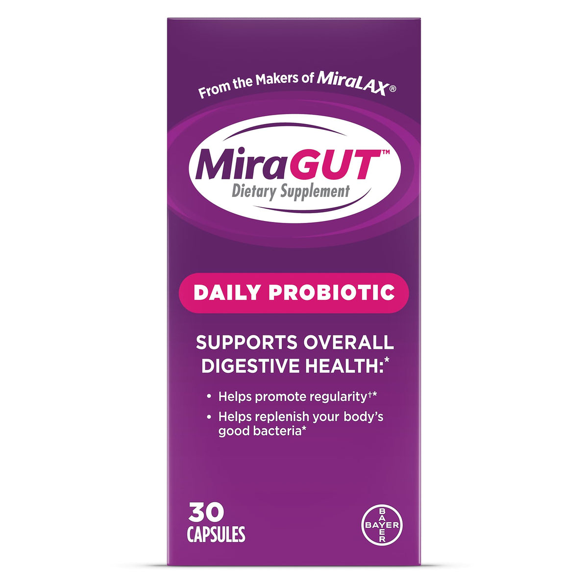 MiraLAX MiraGUT Daily Probiotic Supplement bottle front view