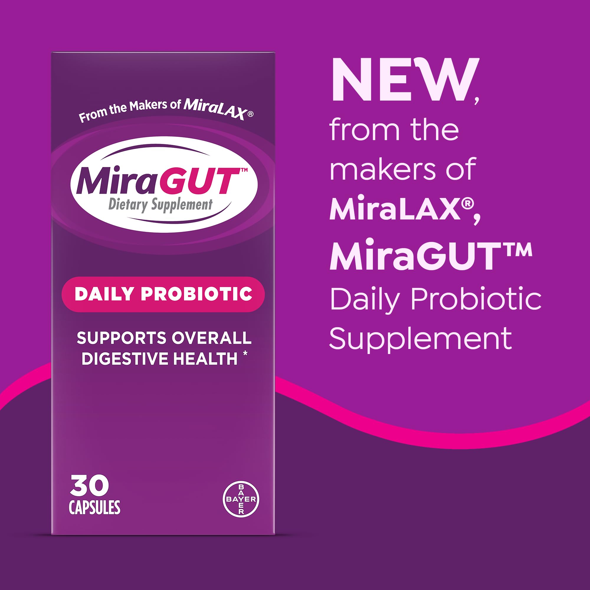 MiraLAX MiraGUT Daily Probiotic Supplement bottle side view