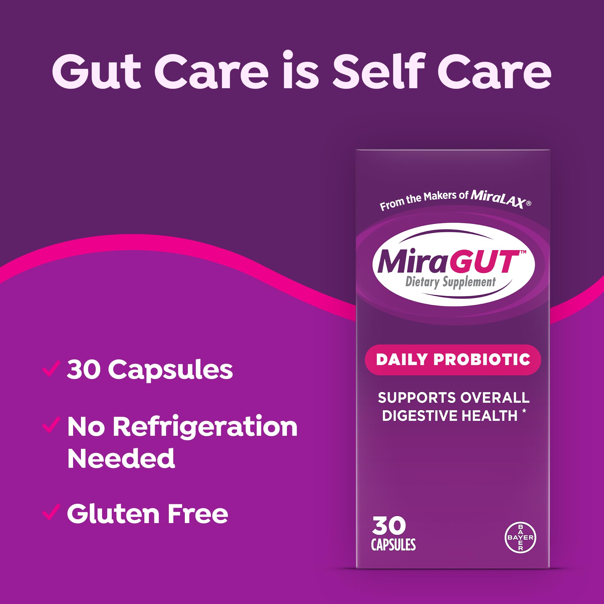 MiraLAX MiraGUT Daily Probiotic Supplement capsule in hand