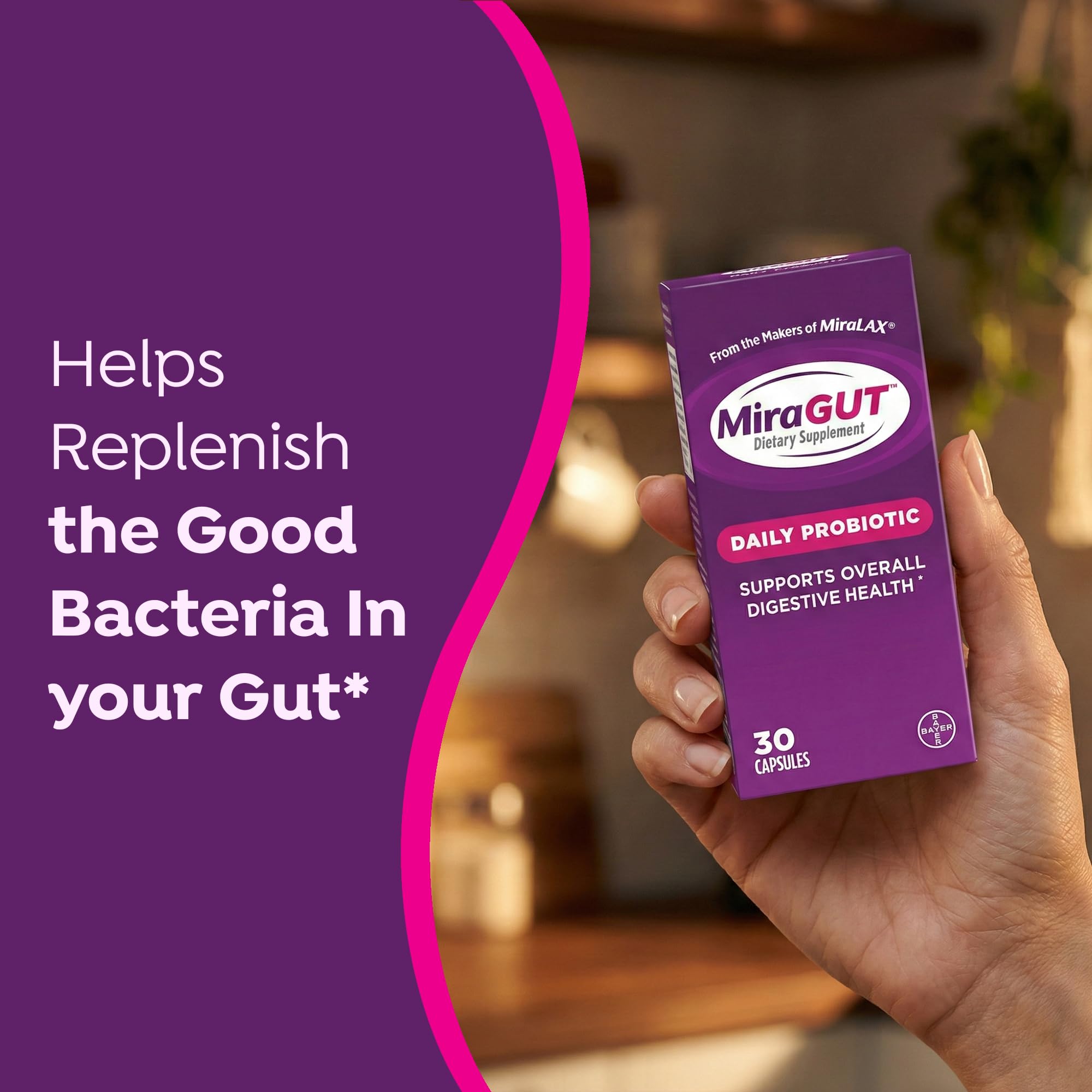 MiraLAX MiraGUT Daily Probiotic Supplement capsules close-up