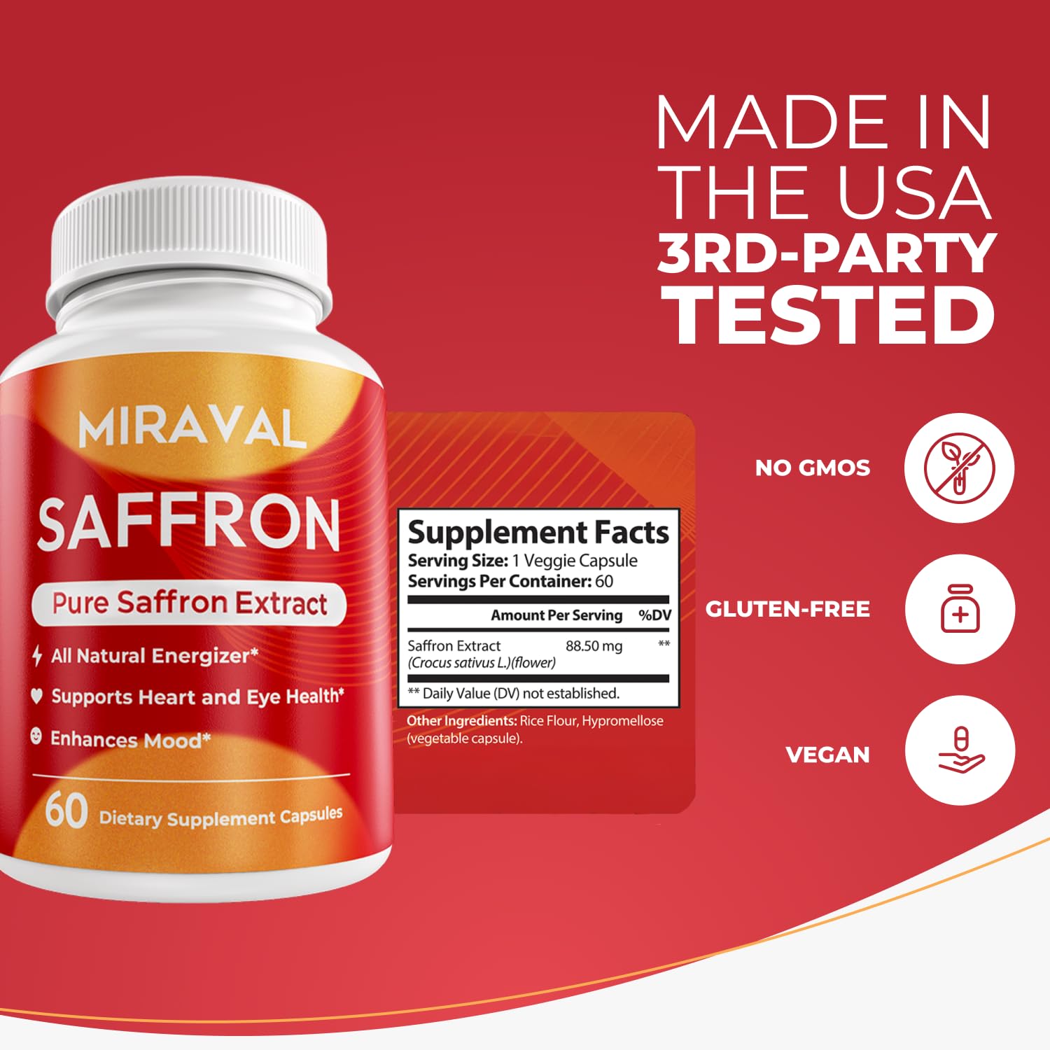 Miraval Saffron Supplement Capsules on a wooden table