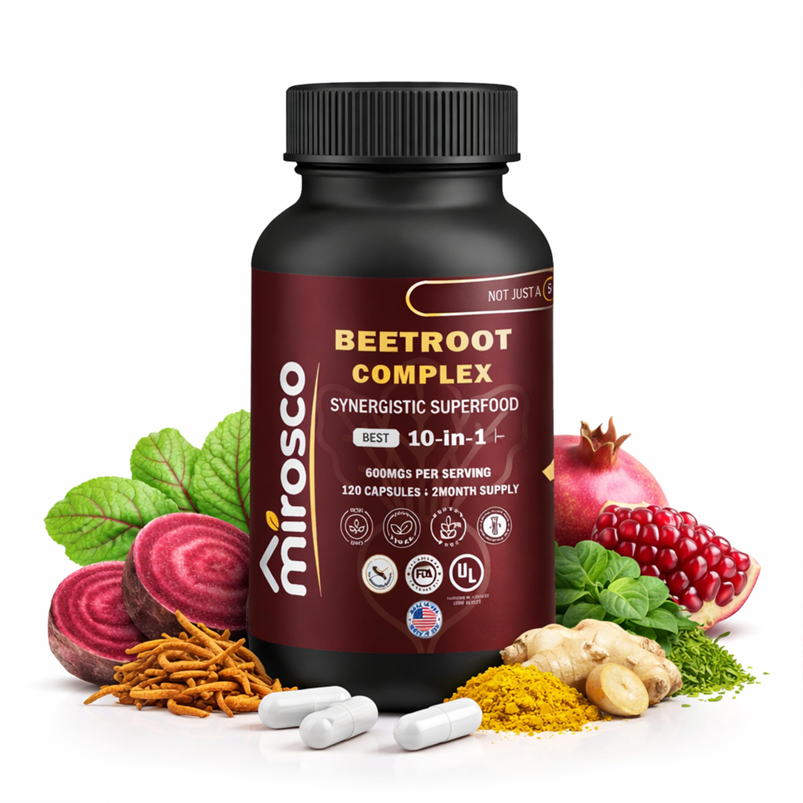 Mirosco Beet Root Capsules 6000mg front view with bottle label