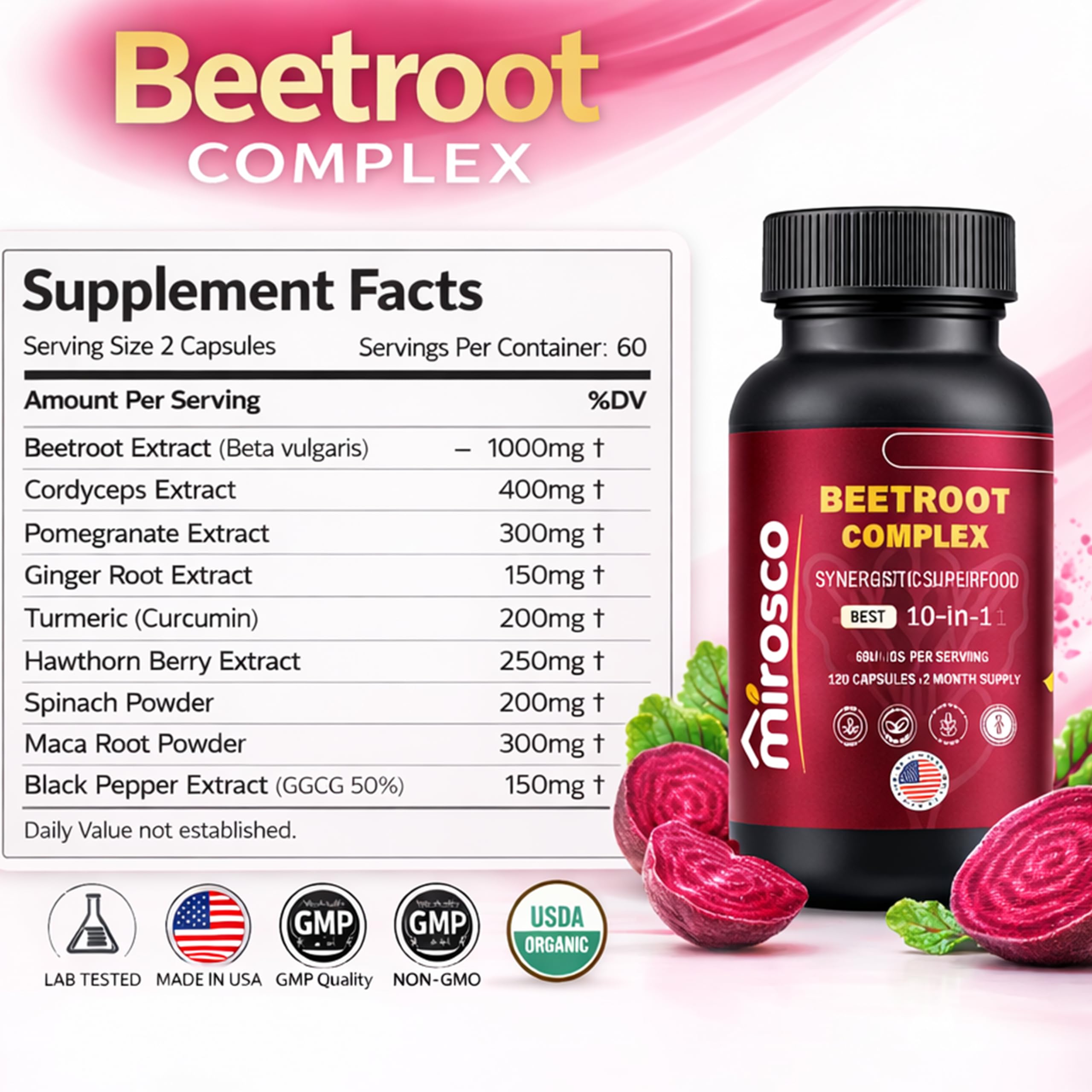 Mirosco Beet Root Capsules back view with nutritional information