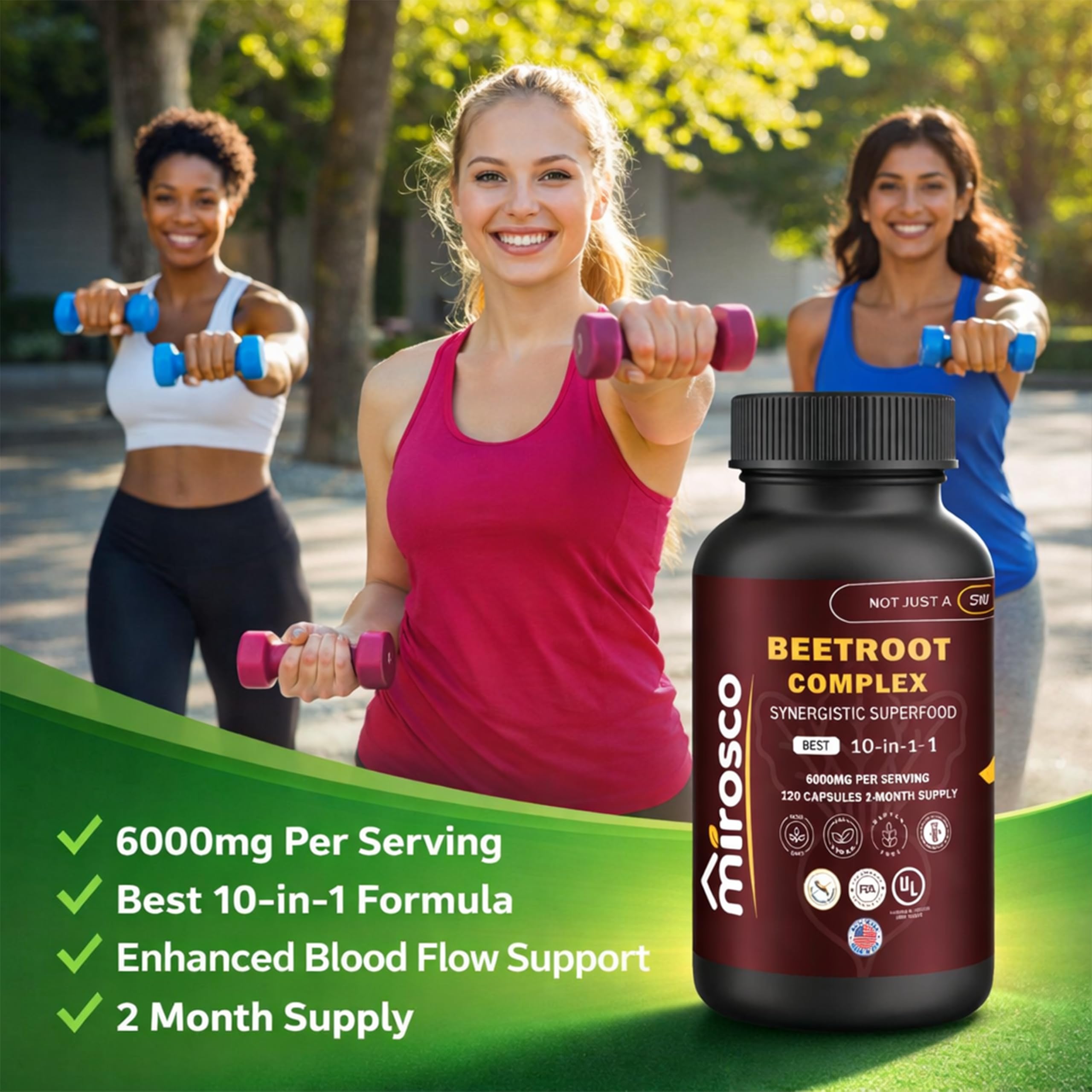 Mirosco Beet Root Capsules lifestyle scene with healthy foods