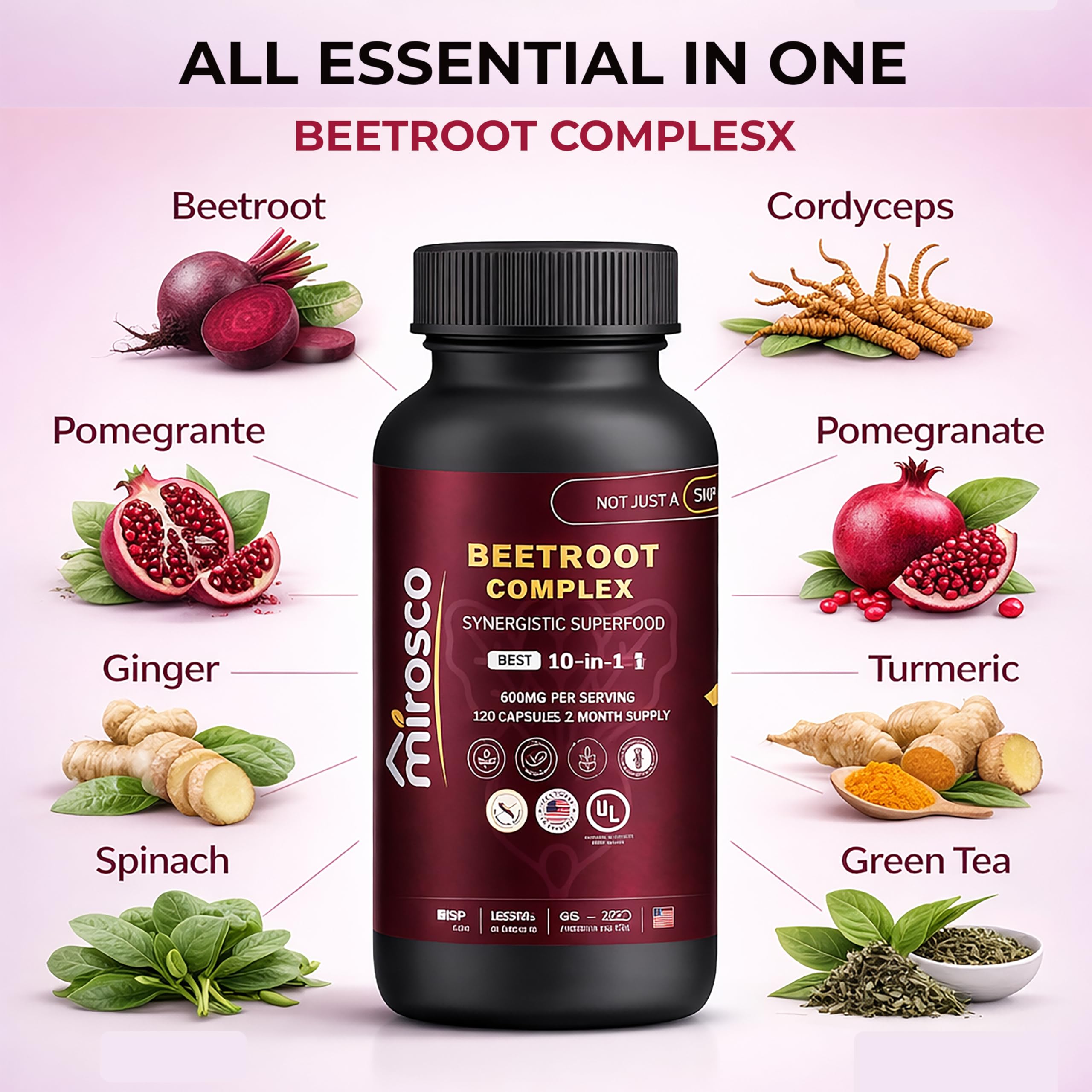 Mirosco Beet Root Capsules showing 120 count bottle