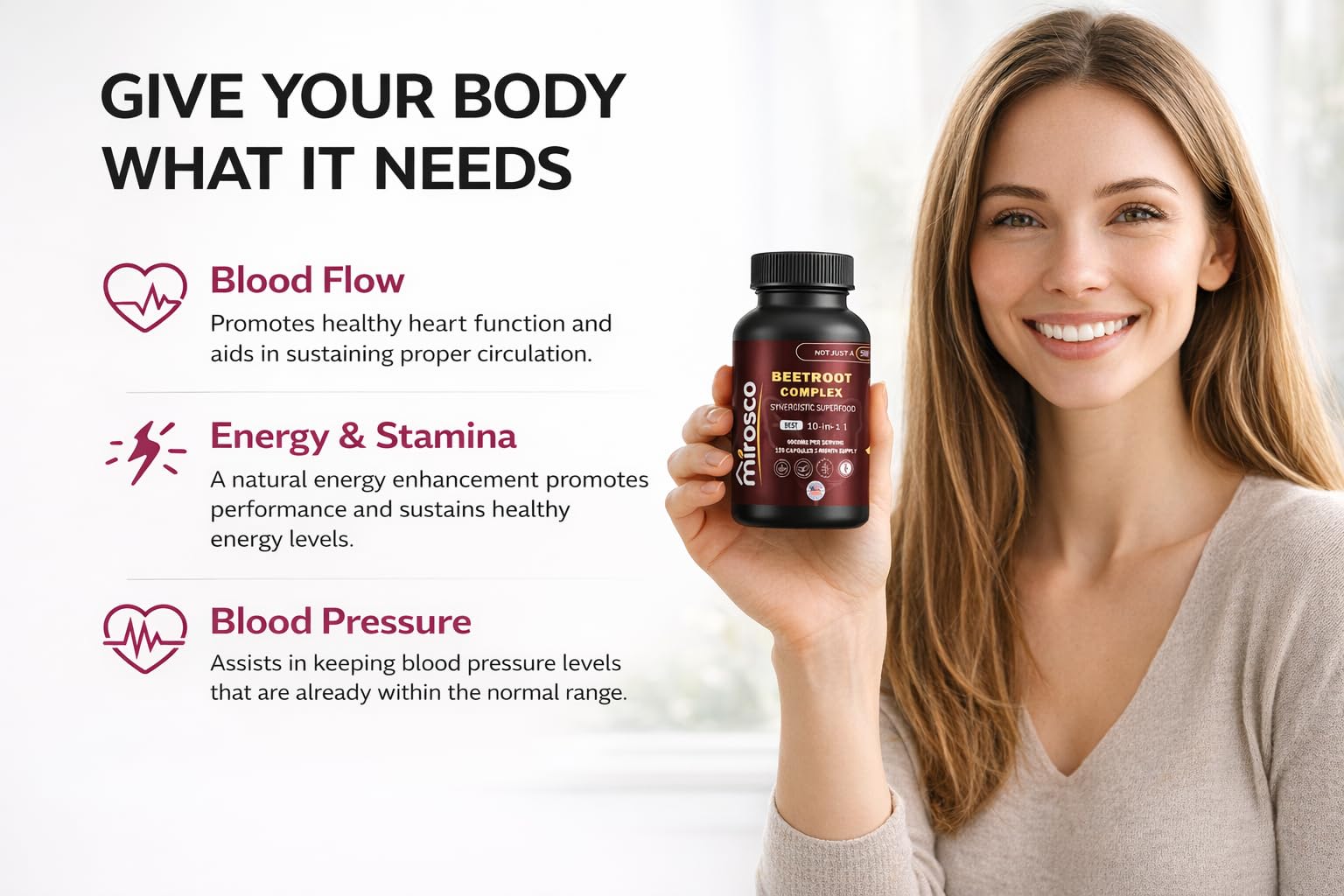 Mirosco Beet Root Capsules side view with dosage information