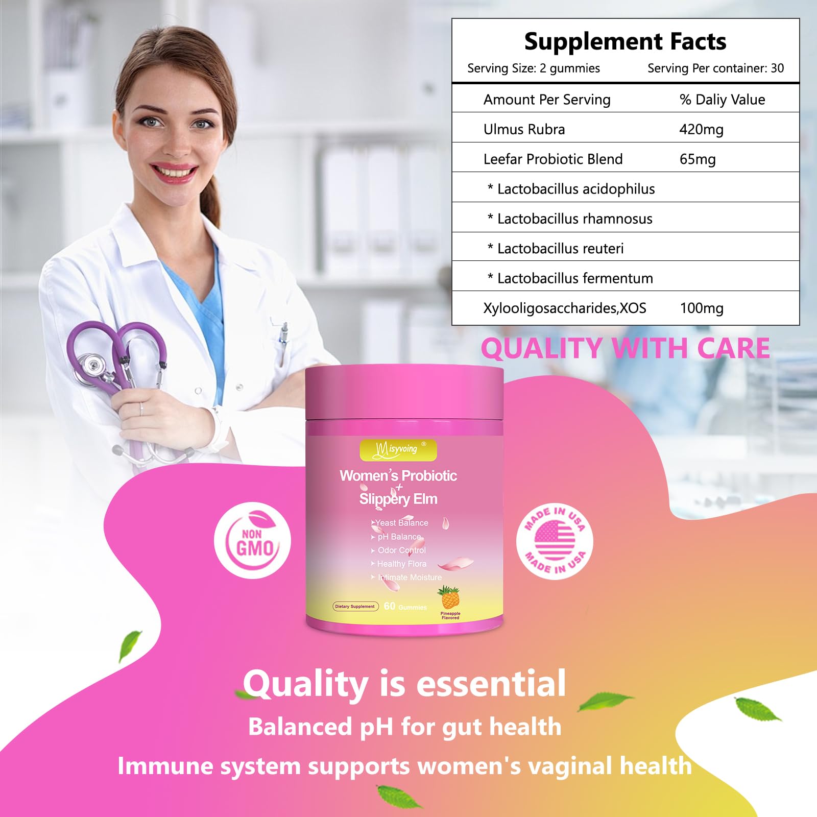 Misyvoing Prebiotic Gummies with two gummies on a wooden table
