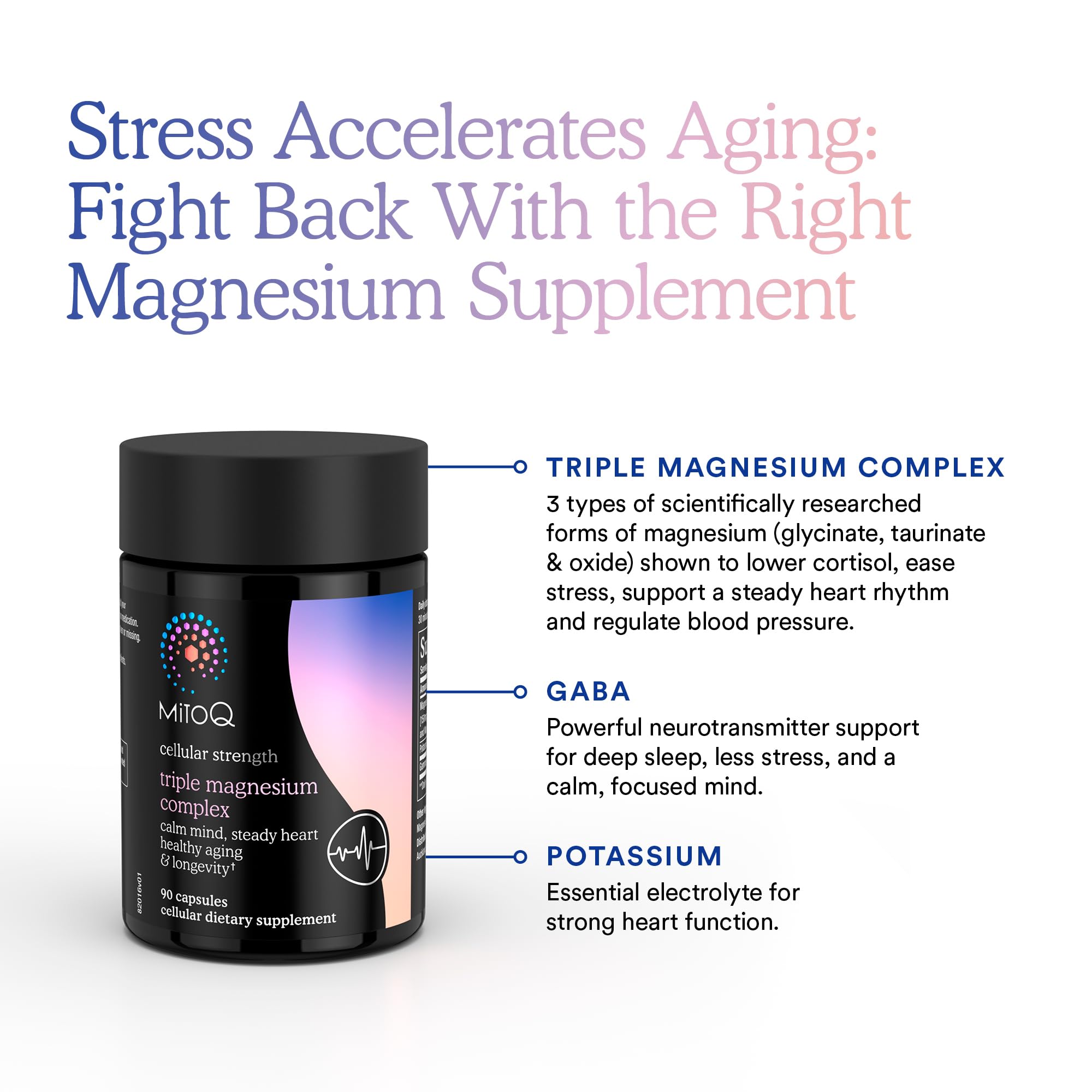 MitoQ Magnesium Complex Supplement 100g side view showing capsule