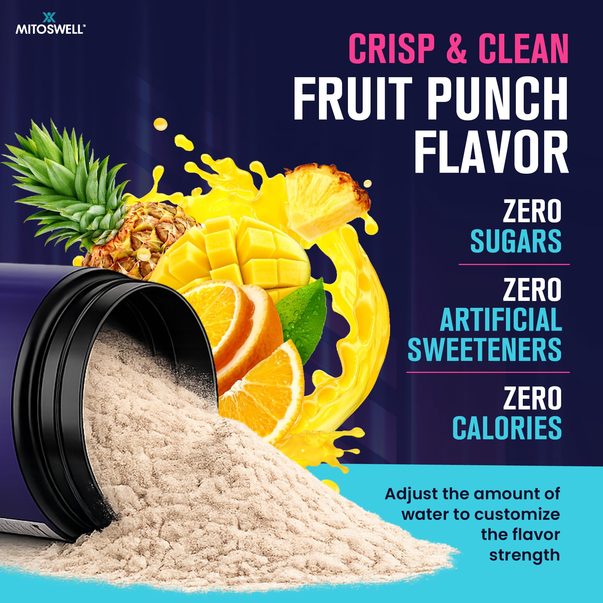Mitoswell Hydrocalm Nighttime Hydration Powder with fruit punch flavour ingredients