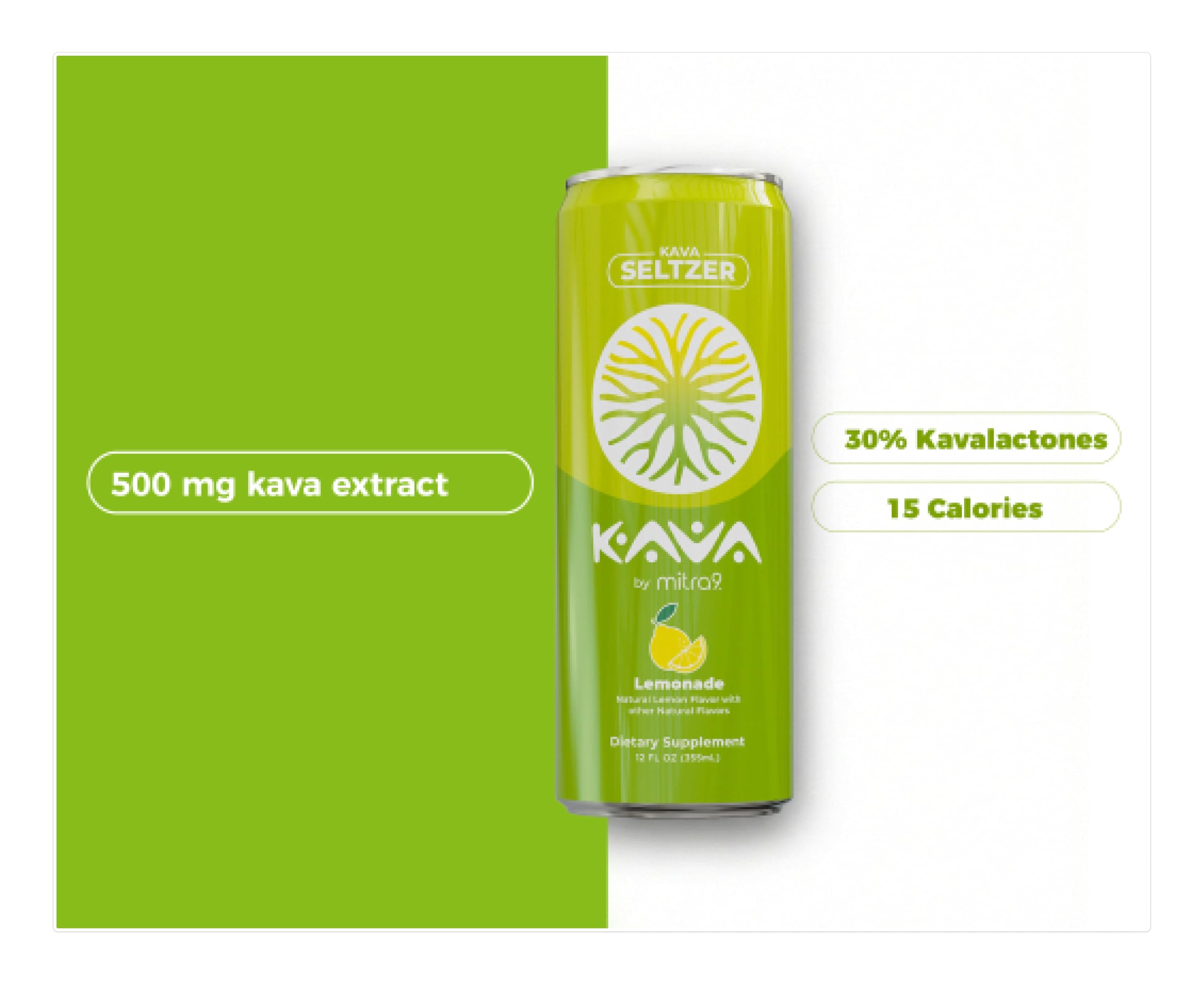 Mitra9 Kava Seltzer 12 fl oz can with ingredients list