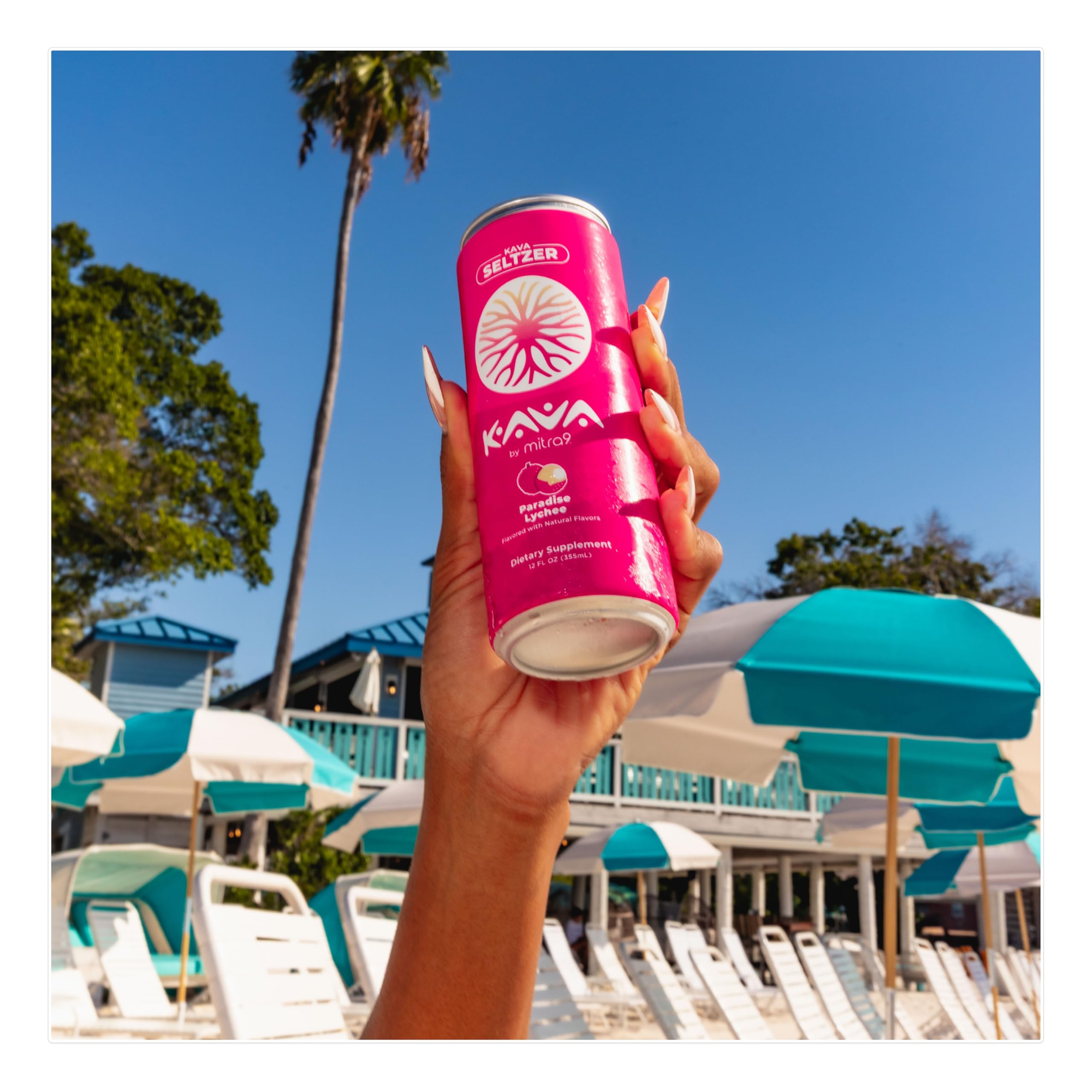 Mitra9 Kava Seltzer Paradise Lychee can with tropical background