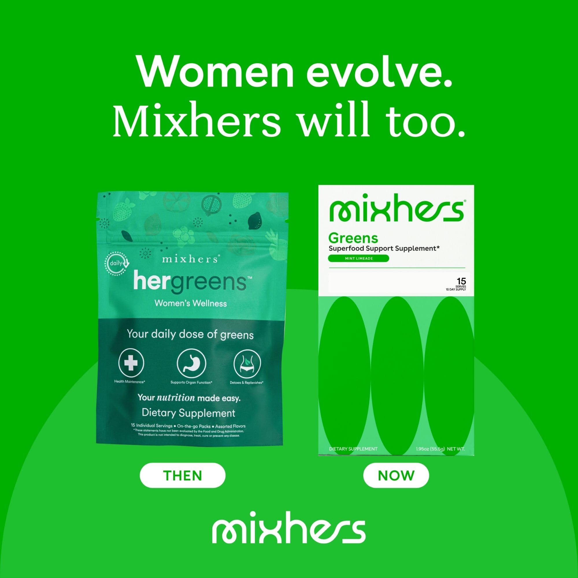 MIXHERS Hergreens Daily Greens Powder 91g package dimensions