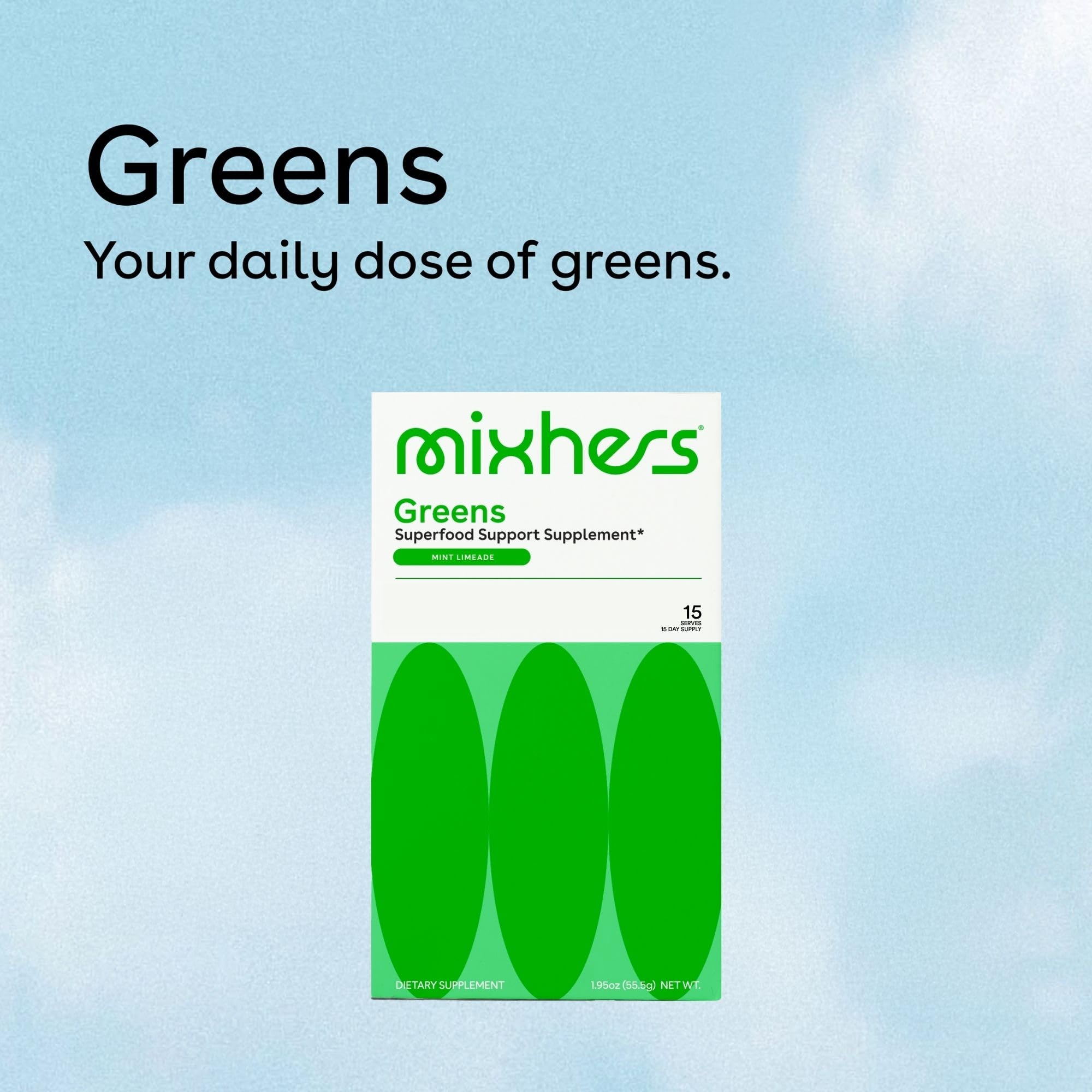 MIXHERS Hergreens Daily Greens Powder mixed in a glass of water