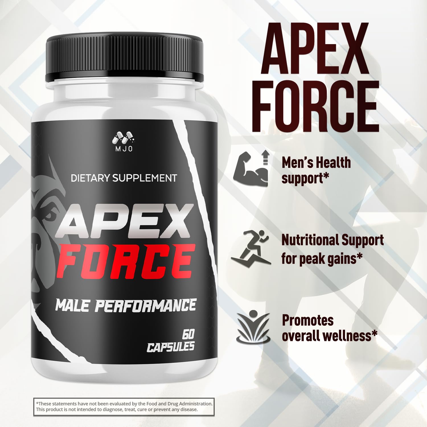 MJO Apex Force Capsules bottle on a wooden table
