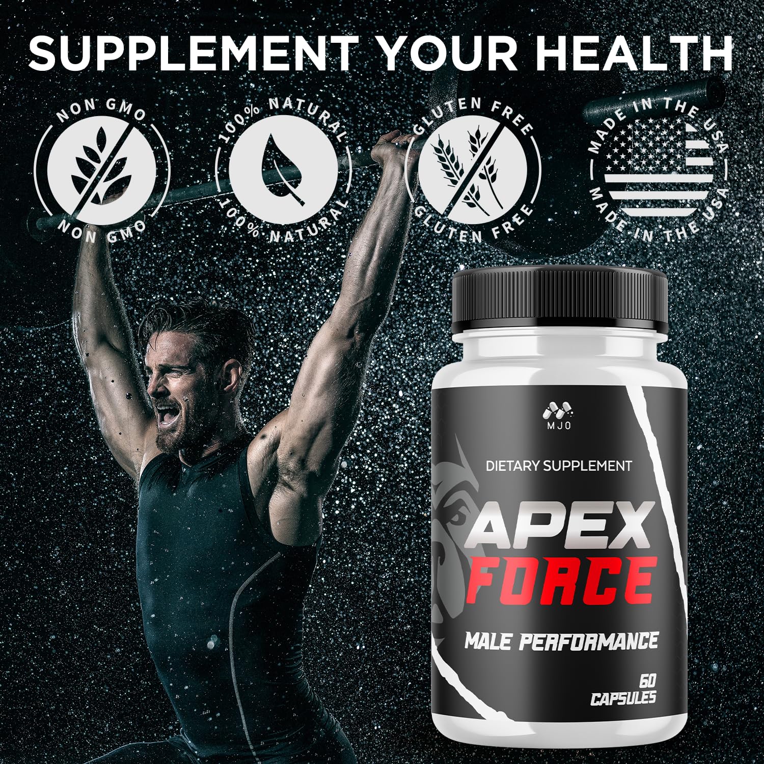 MJO Apex Force Capsules in a lifestyle setting with healthy food