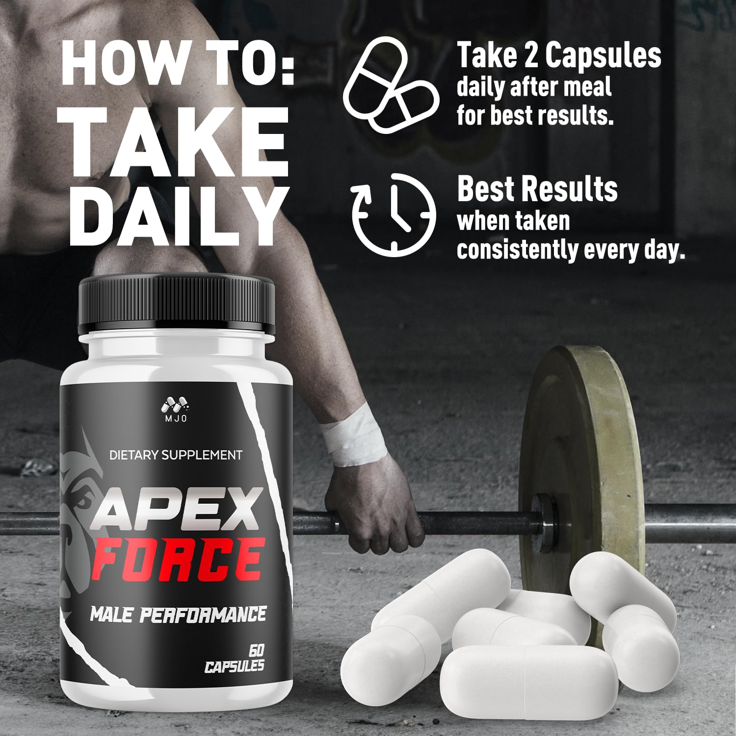 MJO Apex Force Capsules with a measuring spoon and water