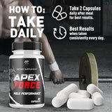 MJO Apex Force Capsules with a measuring spoon and water