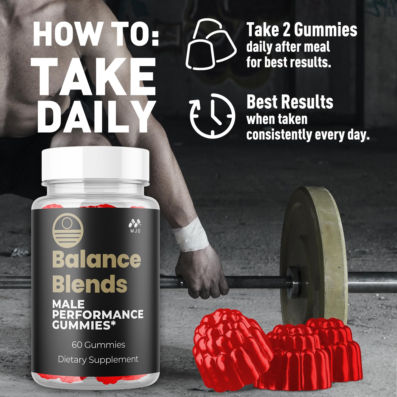 MJO Balance Blends Gummies bottle on a kitchen counter