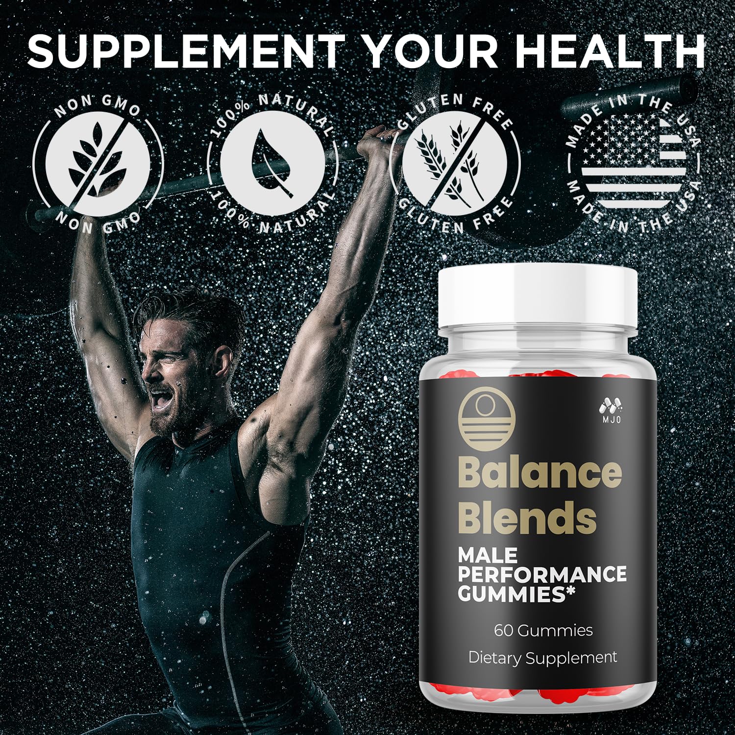 MJO Balance Blends Gummies with a measuring spoon