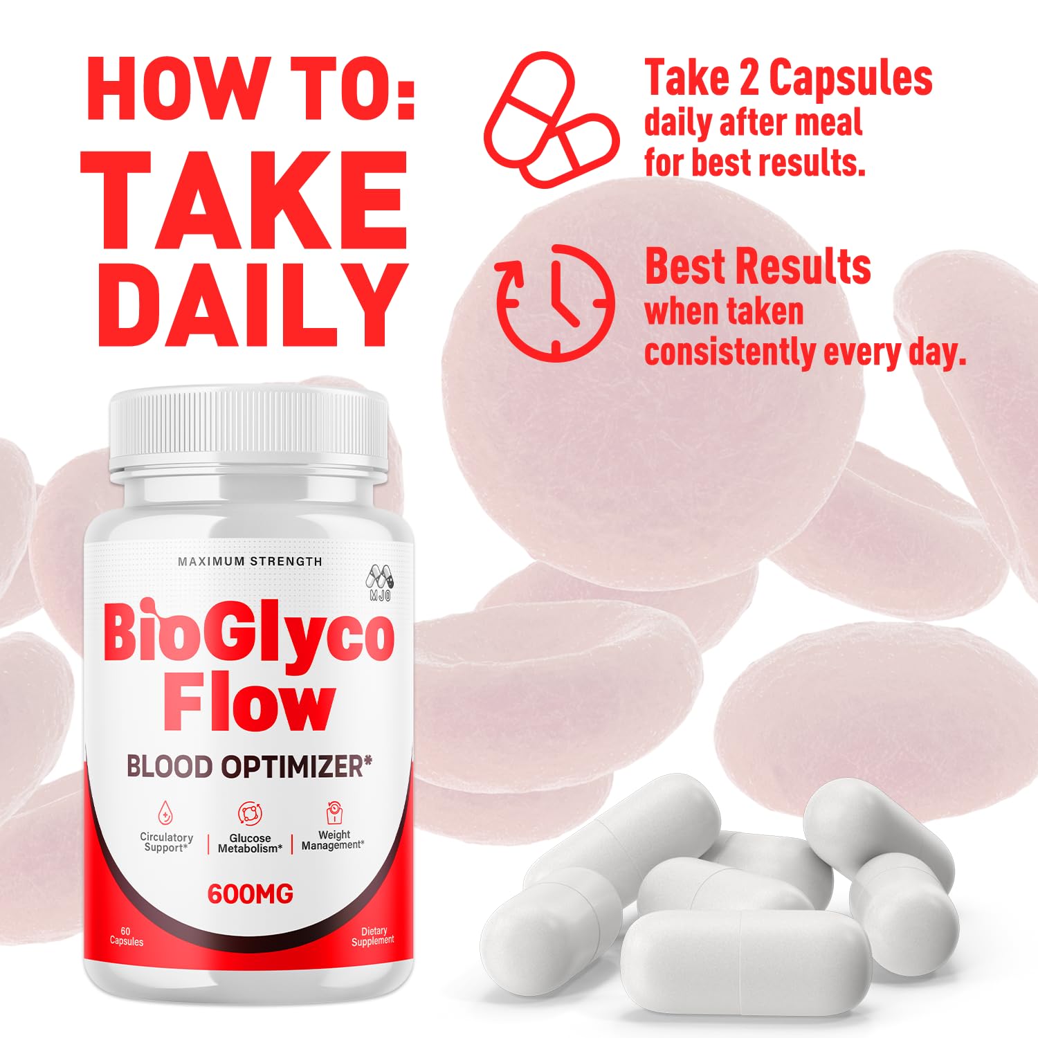 MJO BioGlyco Flow Capsules lifestyle scene with healthy foods