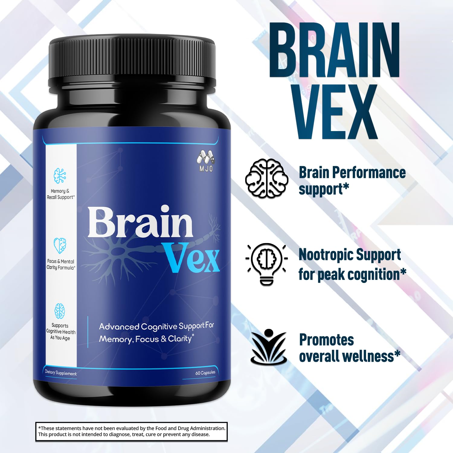 MJO BrainVex Capsules 85g lifestyle scene with a glass of water