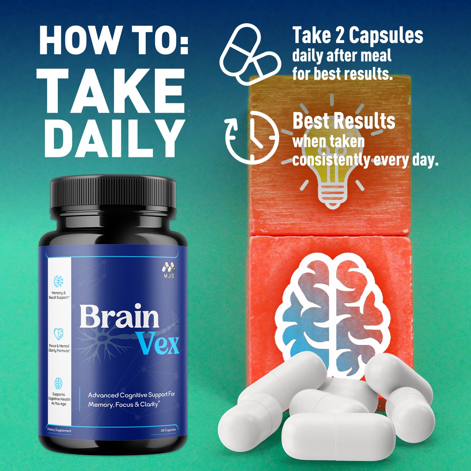MJO BrainVex Capsules 85g opened bottle showing capsules