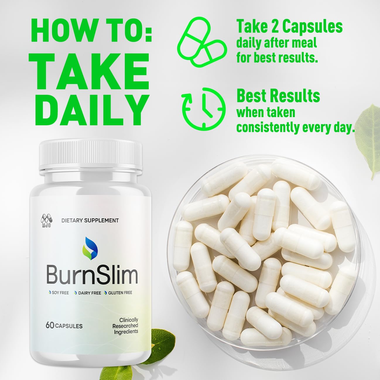 MJO Burnslim Capsules with a measuring spoon