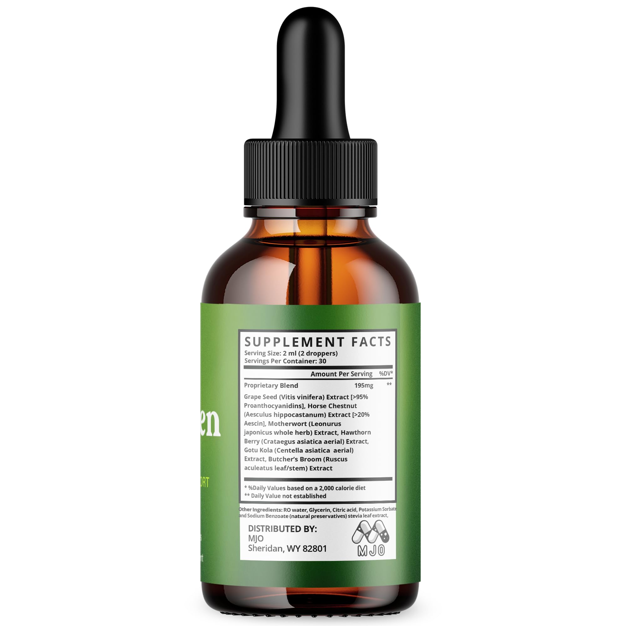 MJO Echozen Drops bottle with natural ingredients background