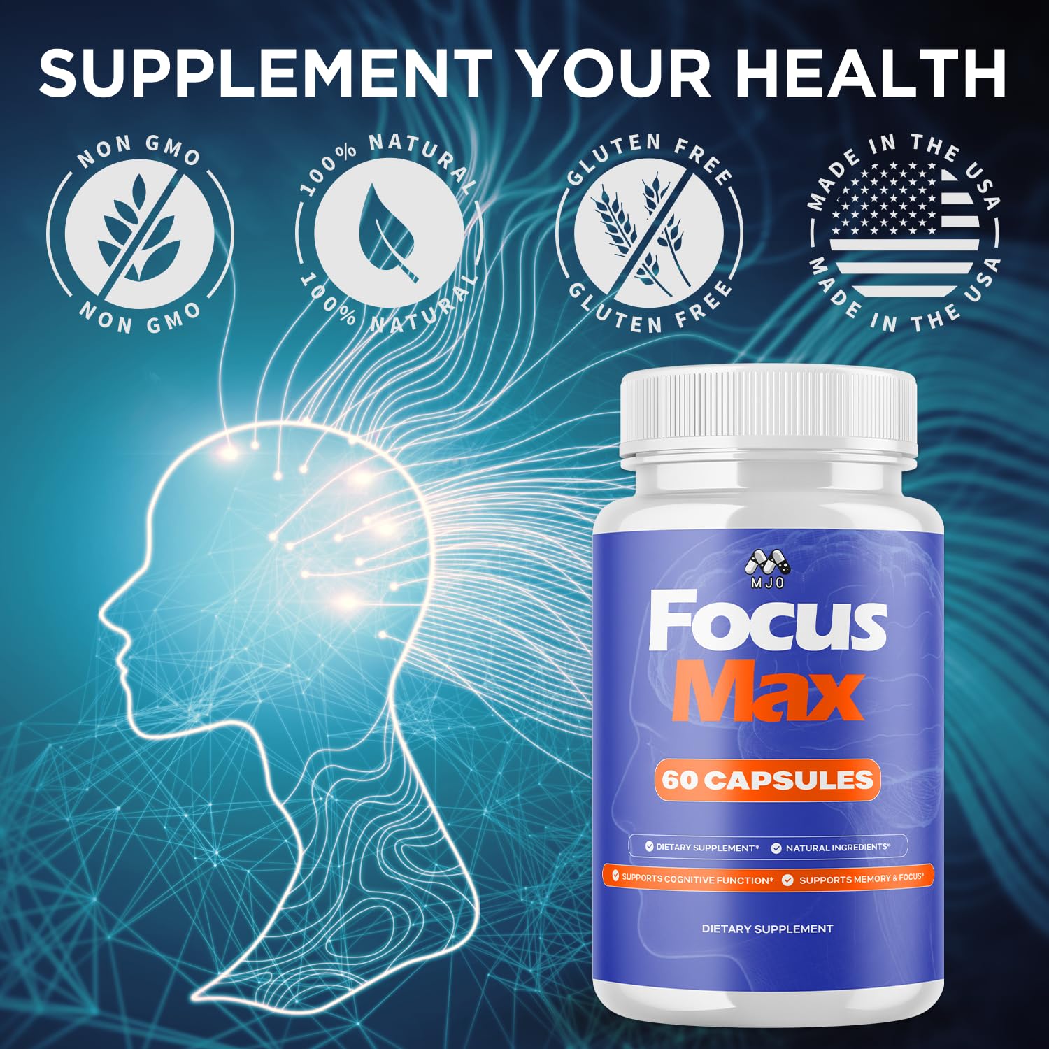 MJO Focus Max Capsules bottle with measuring spoon