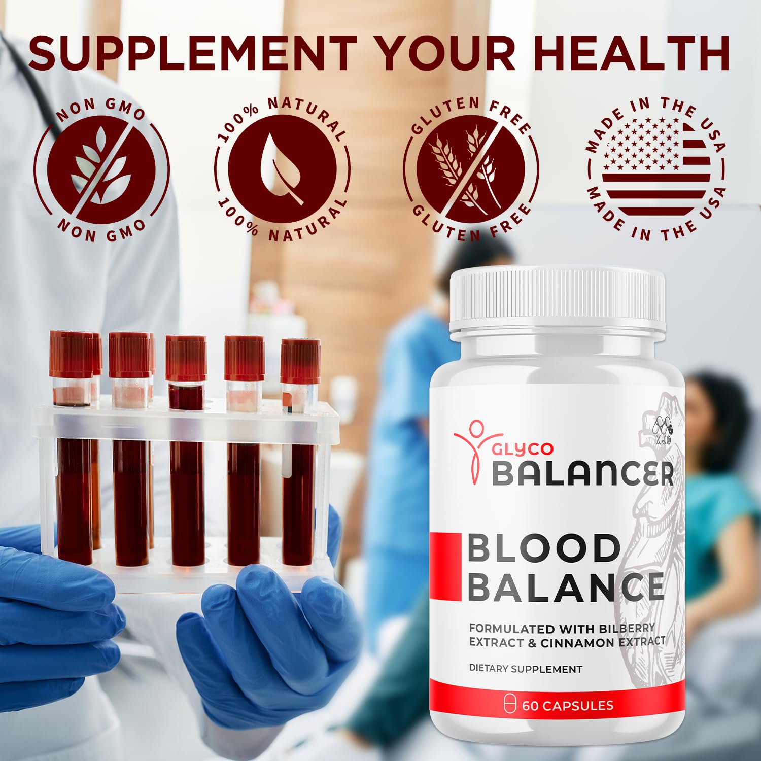 MJO Glyco Balancer Capsules bottle with hand for size reference