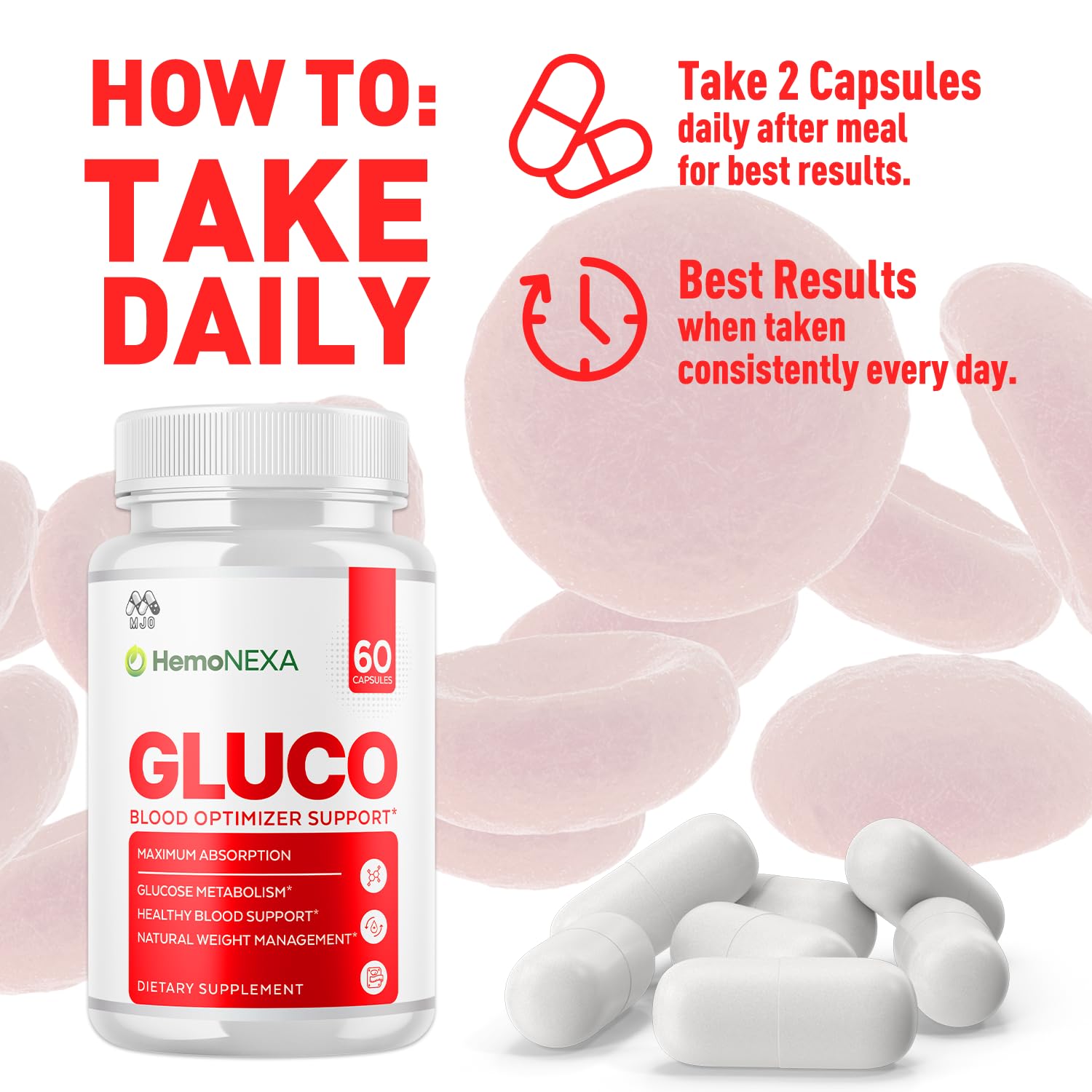 MJO HemoNexa Capsules lifestyle scene on kitchen counter