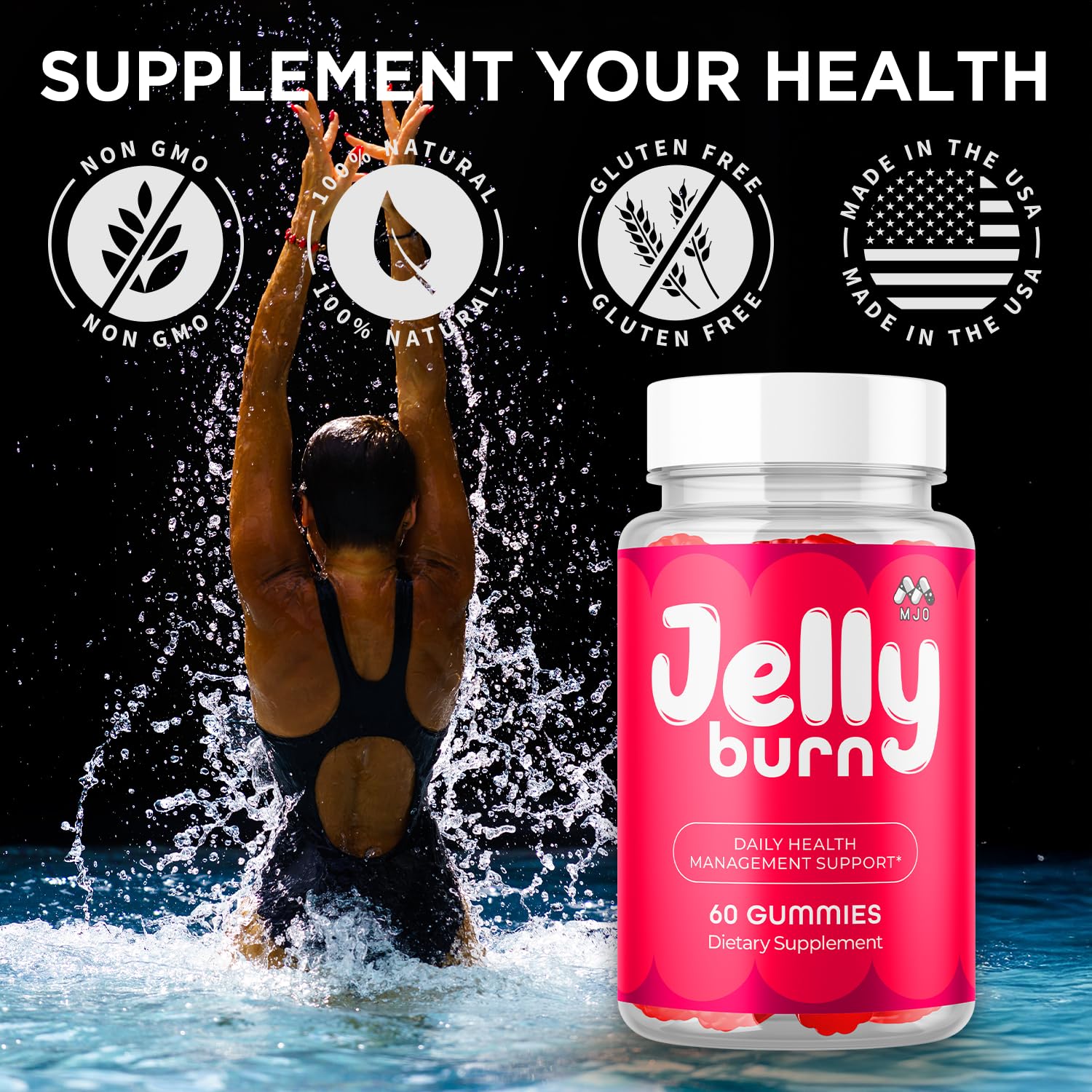 MJO Jelly Burn Gummies bottle on a kitchen counter