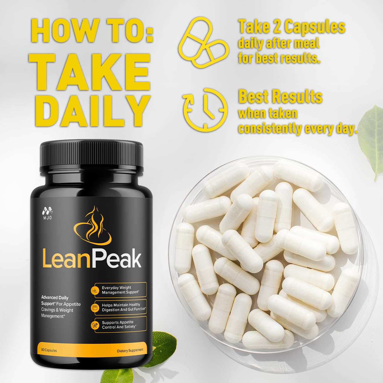 MJO Lean Peak capsules on a wooden surface