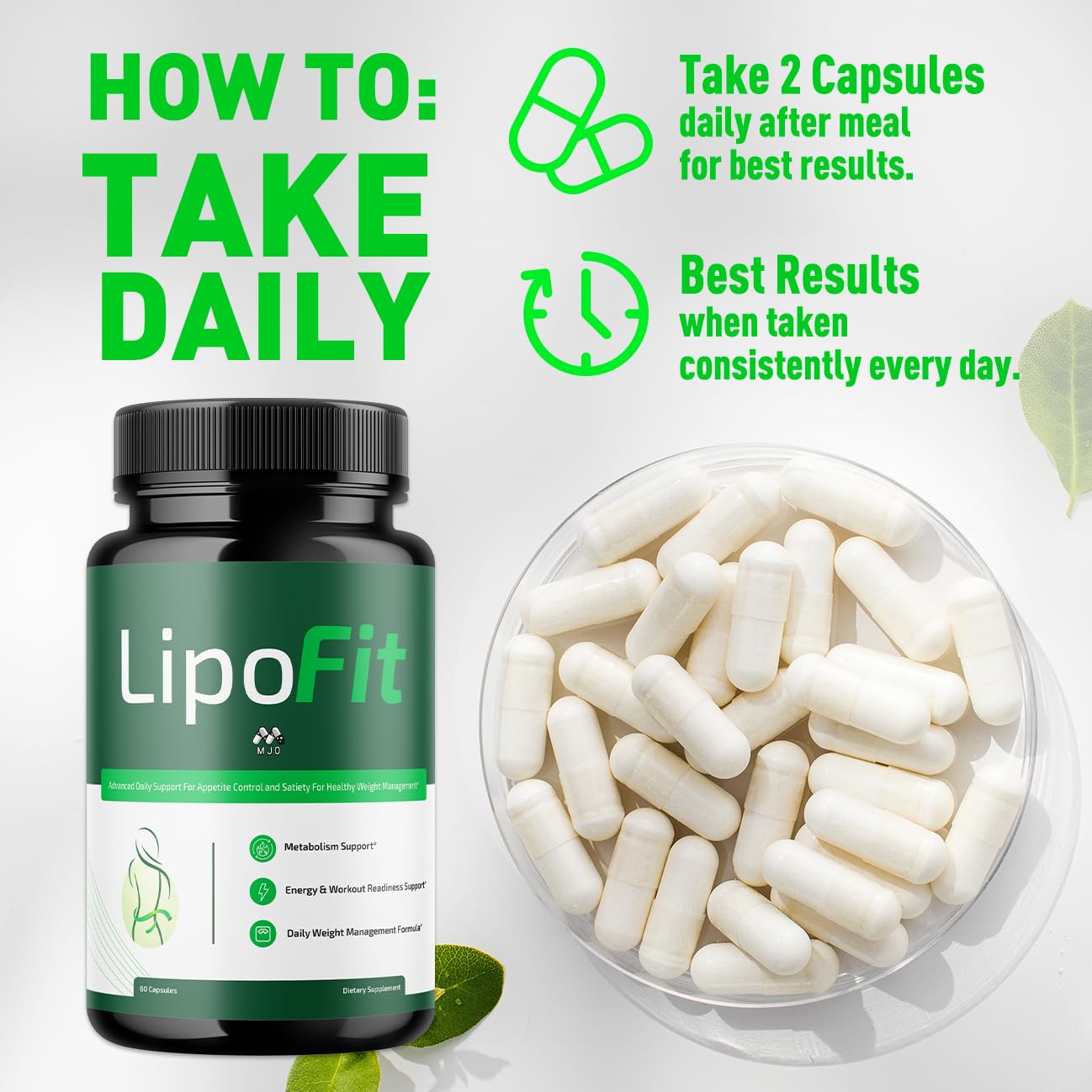 MJO Lipo Fit Capsules on a wooden table