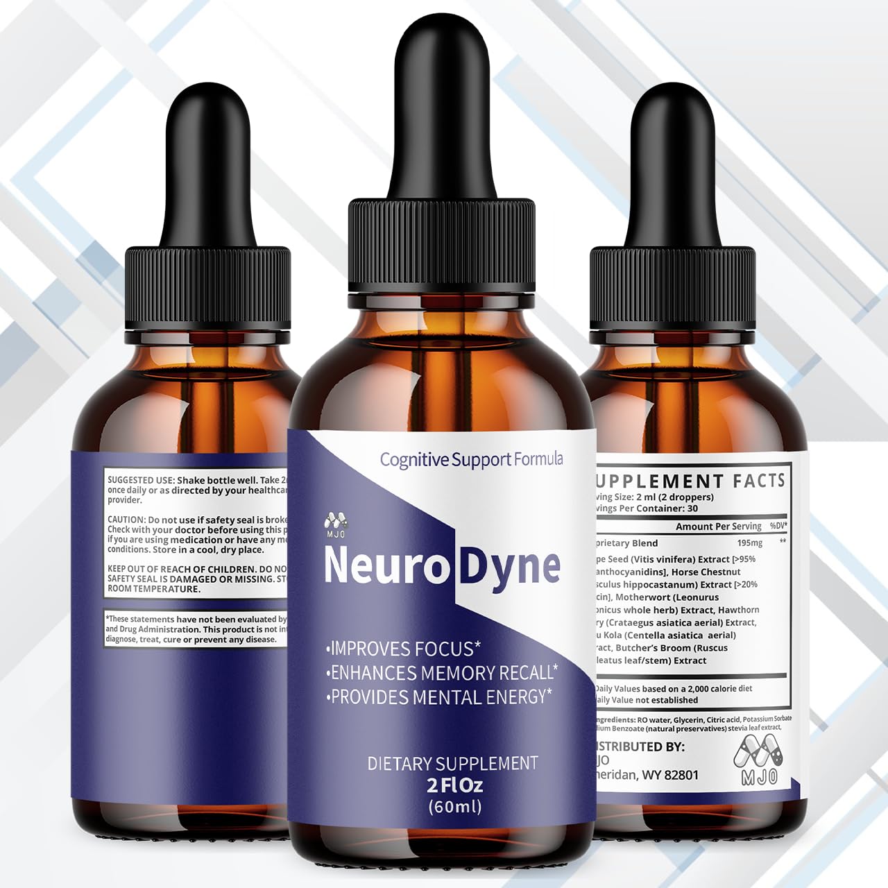 MJO Neurodyne Drops bottle side view showing label