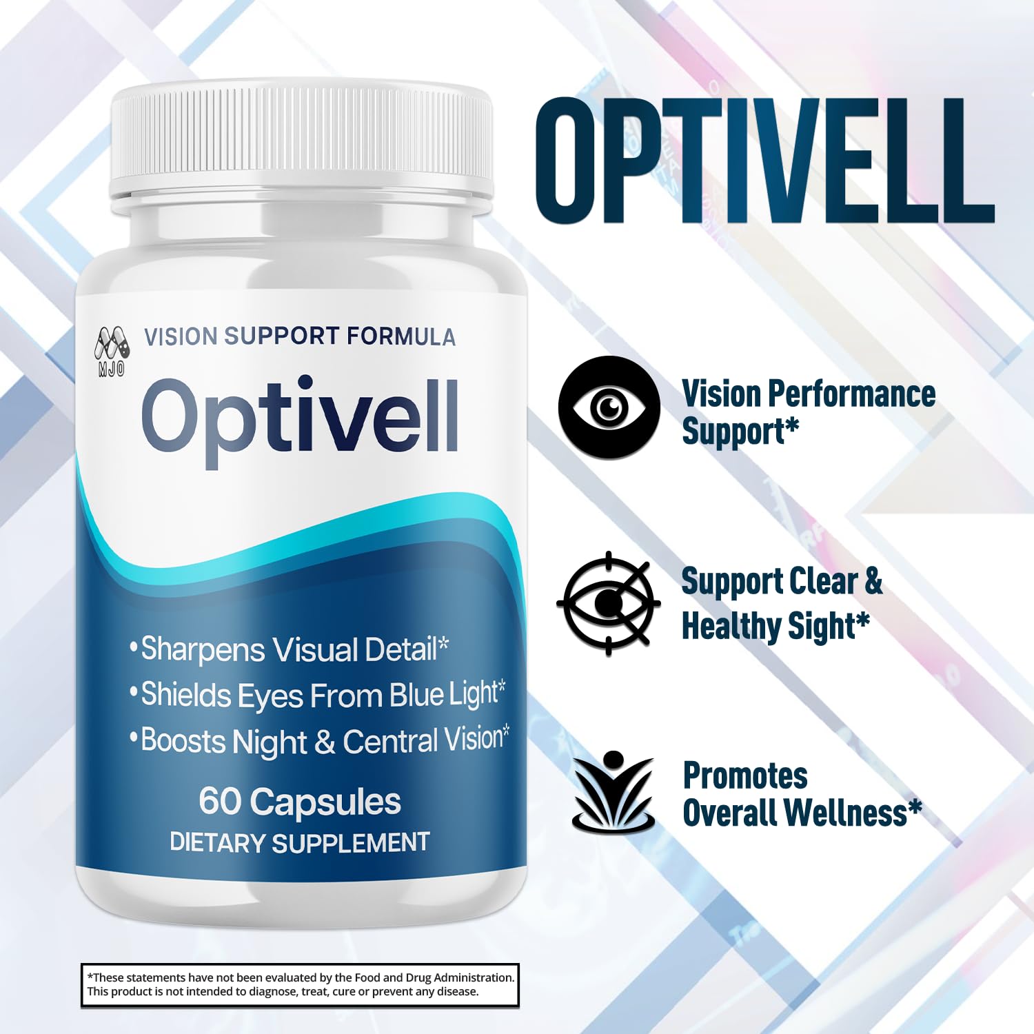 MJO Optivell Eye Capsules bottle on a wooden table
