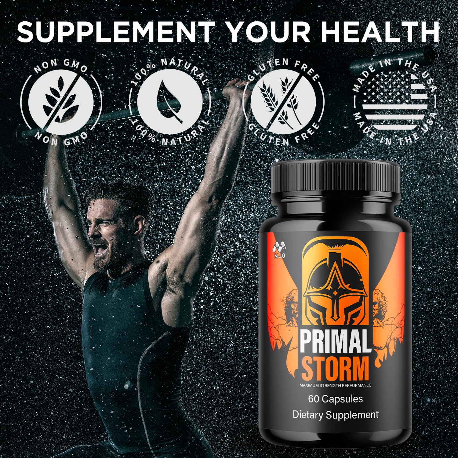 MJO Primal Storm Capsules bottle with a glass of water