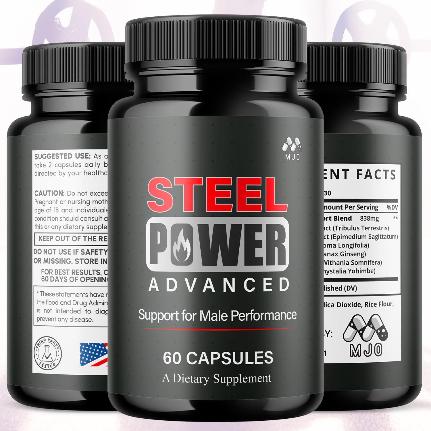 MJO Steel Power Capsules side view showing label