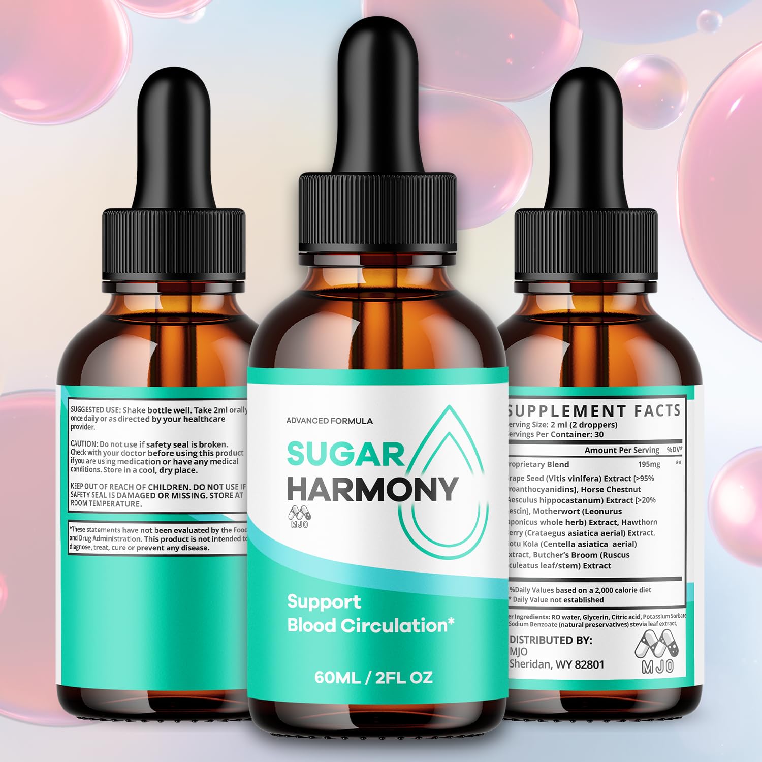 MJO Sugar Harmony Drops bottle side view showing ingredients
