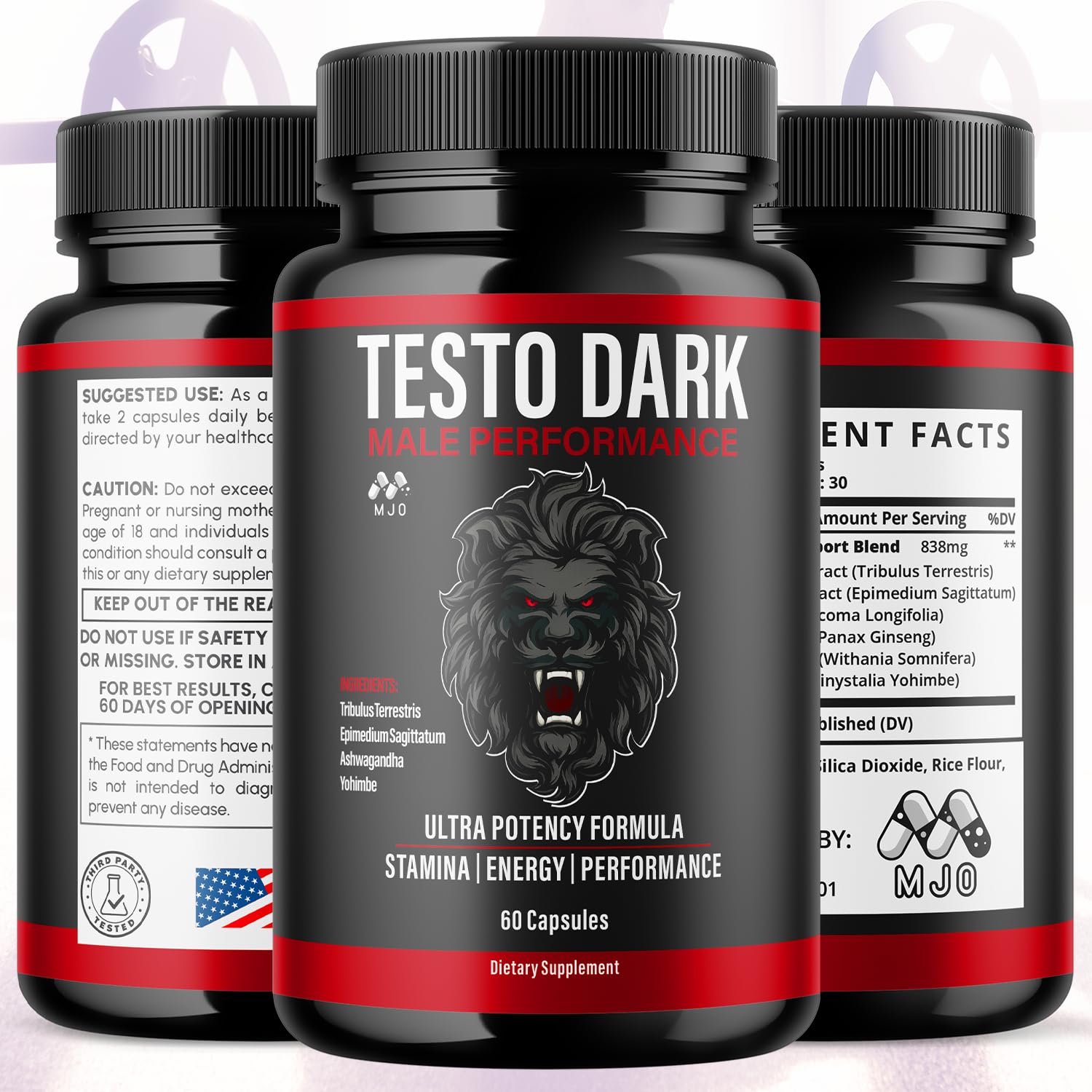 MJO Testo Dark Capsules bottle side view