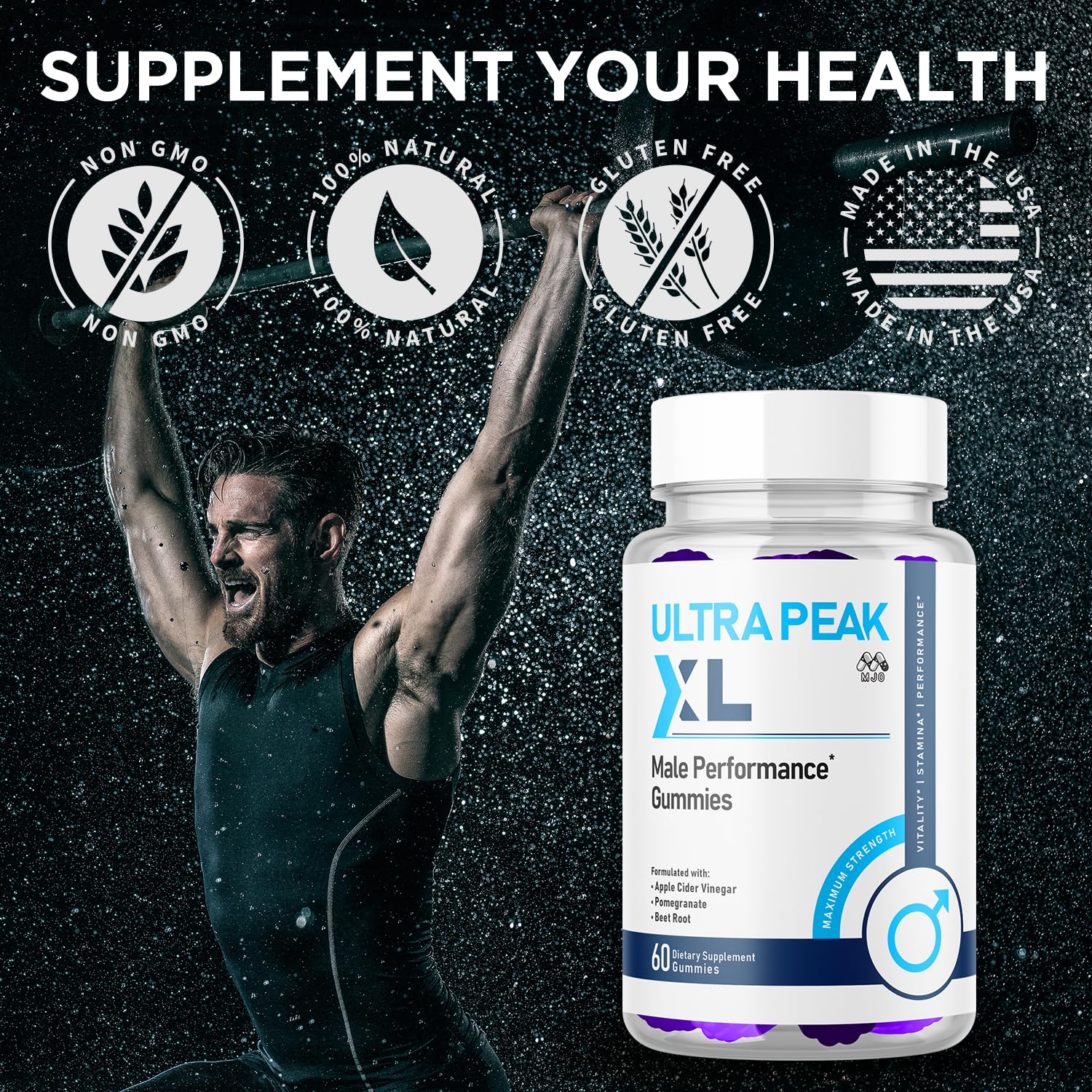 MJO Ultra Peak XL Gummies with a fresh fruit background