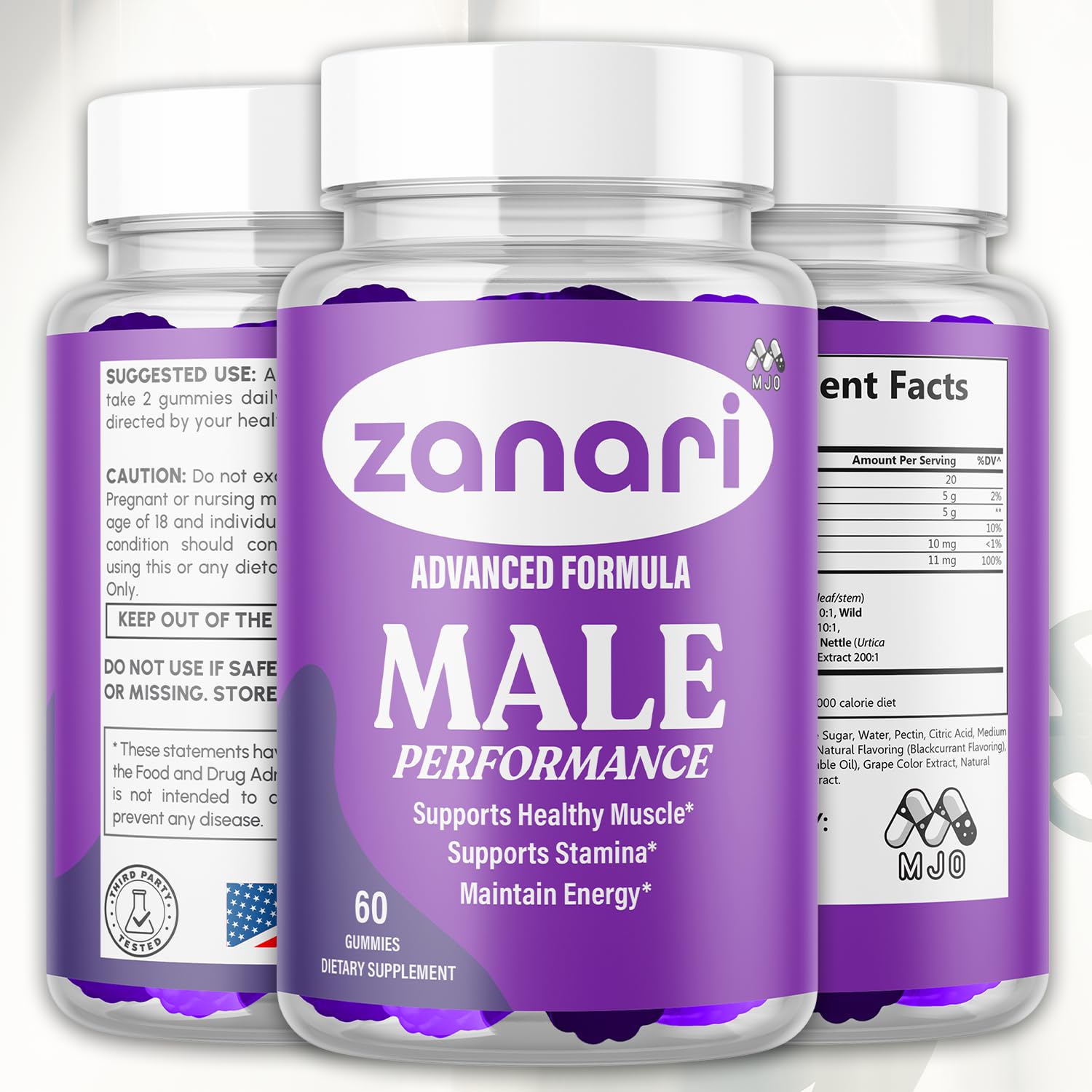 MJO Zanari Gummies back view showing ingredients